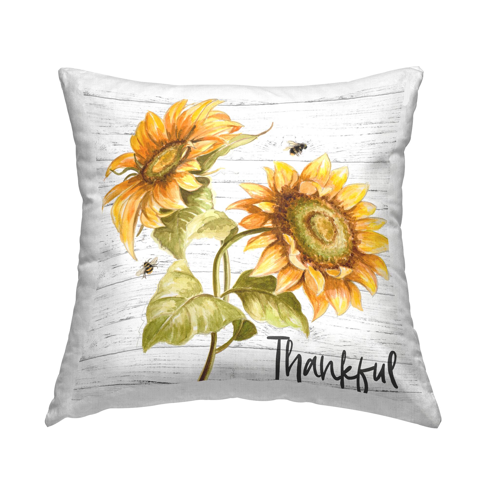 Stupell Industries Thankful Text Country Sunflowers Bumble Bees Throw Pillow 18" x 18"