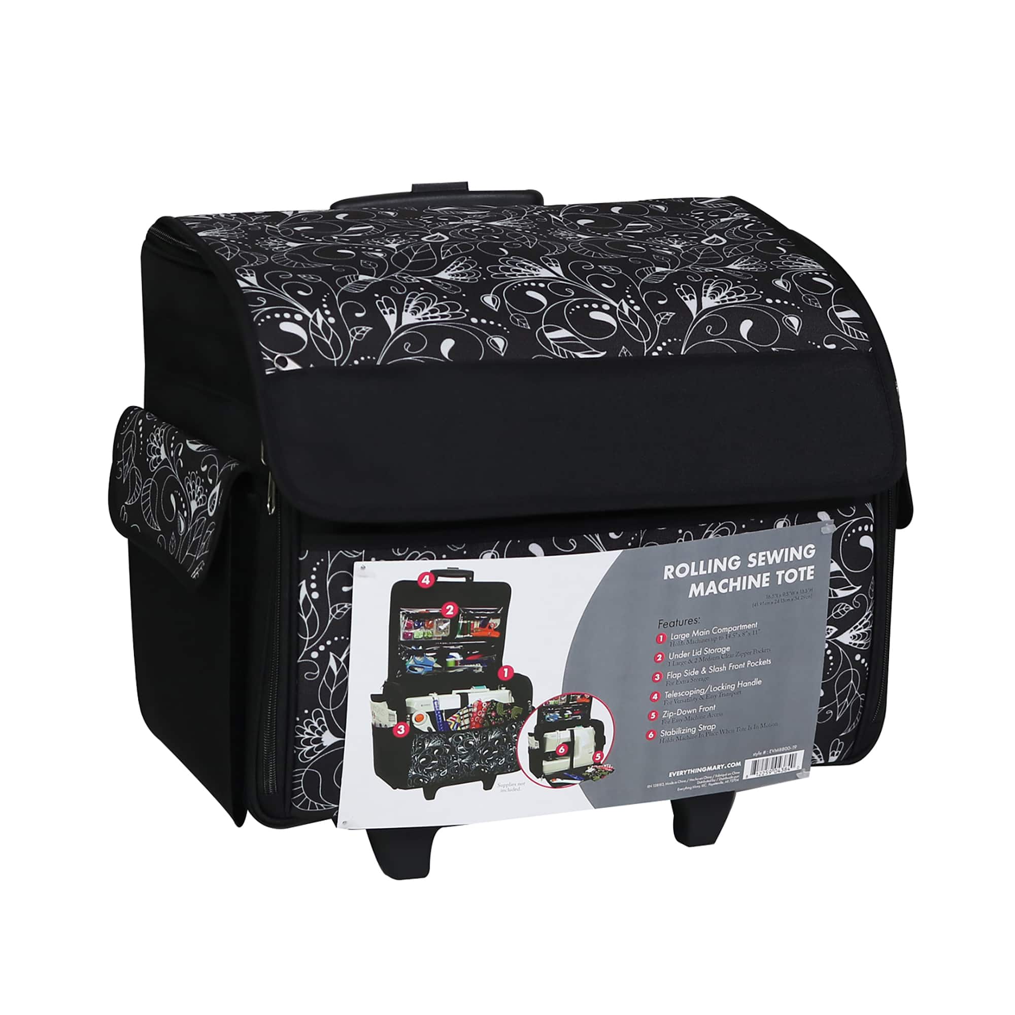 Everything Mary Rolling Sewing Machine Tote - Black & White 812259043840
