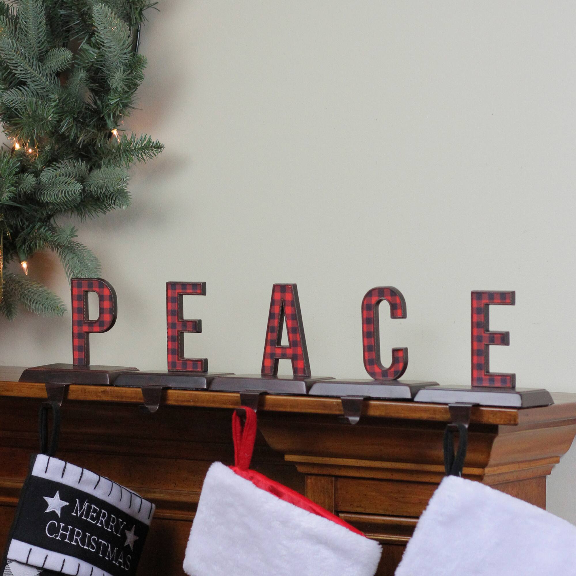 6&#x22; Red &#x26; Black Buffalo Plaid Peace Christmas Stocking Holder Set