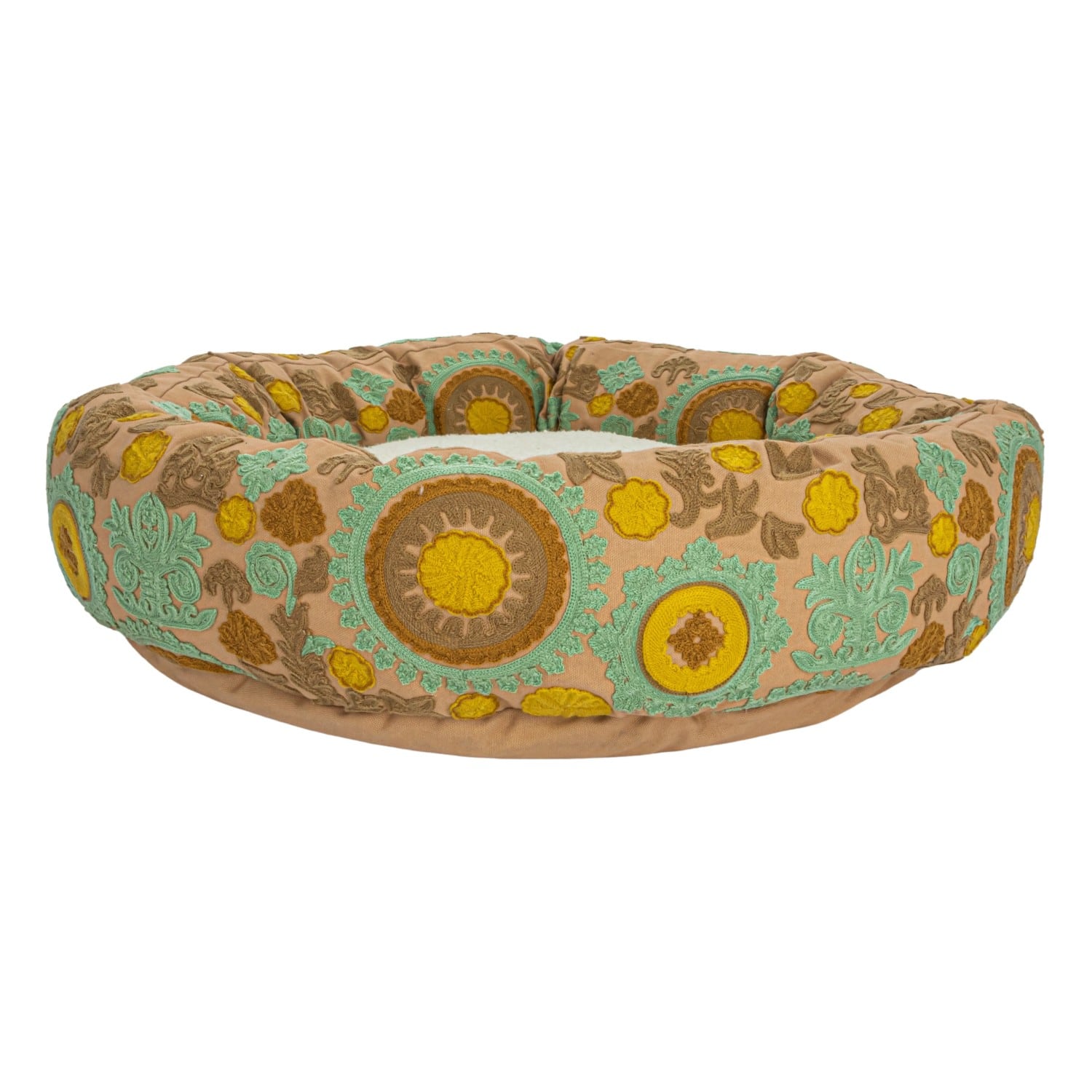 Hello Honey&#xAE; 24&#x22; Taupe, Green &#x26; Mint Round Floral Cotton &#x26; Sherpa Pet Bed