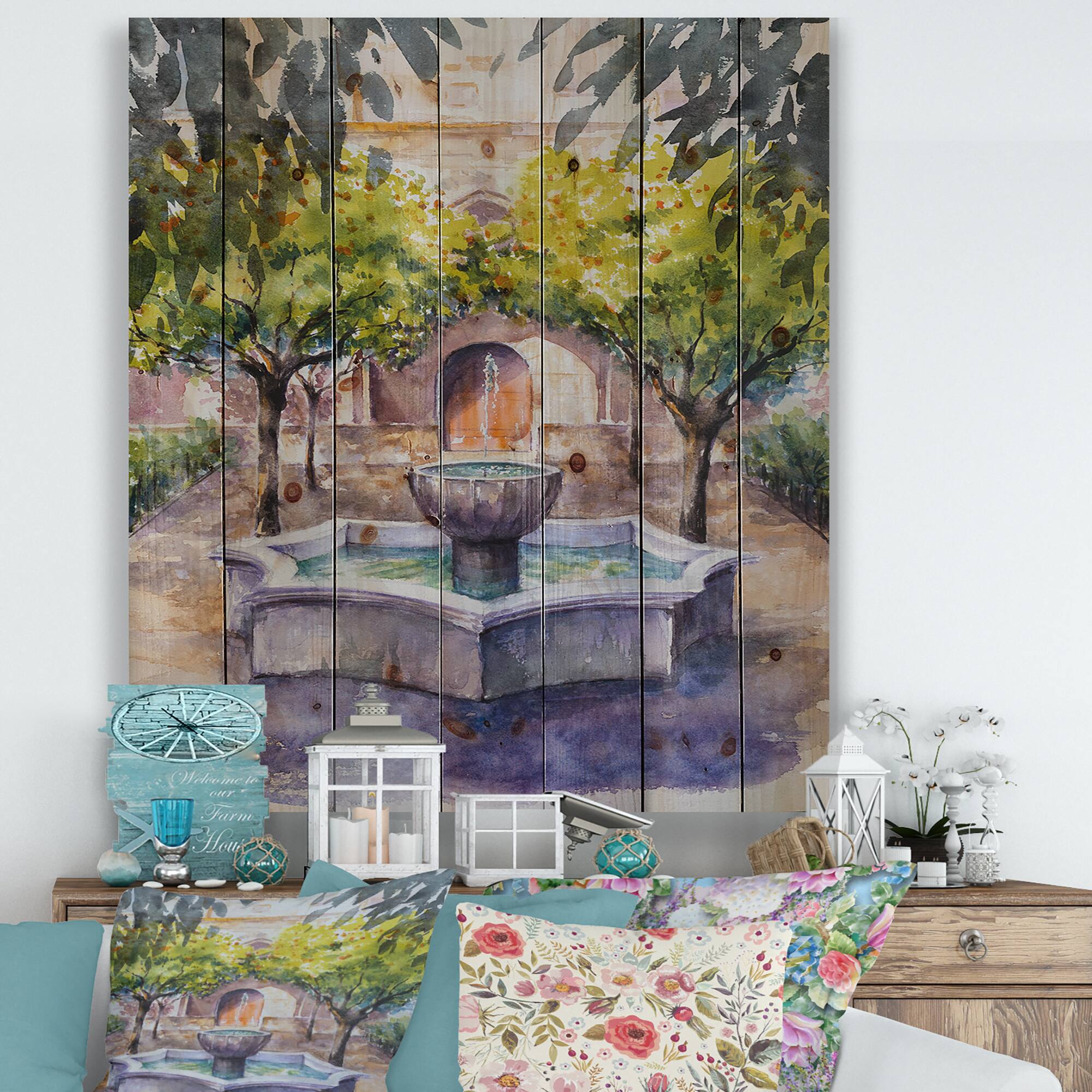 Designart - Small Fountain Picture With Trees In The Village - Country Print on Natural Pine Wood