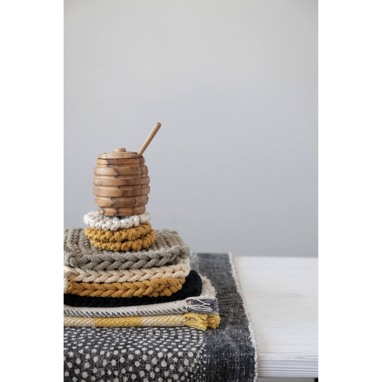 Hello Honey&#xAE; 8&#x22; Black, Gray, Cream &#x26; Yellow Square Cotton Crocheted Pot Holder Set