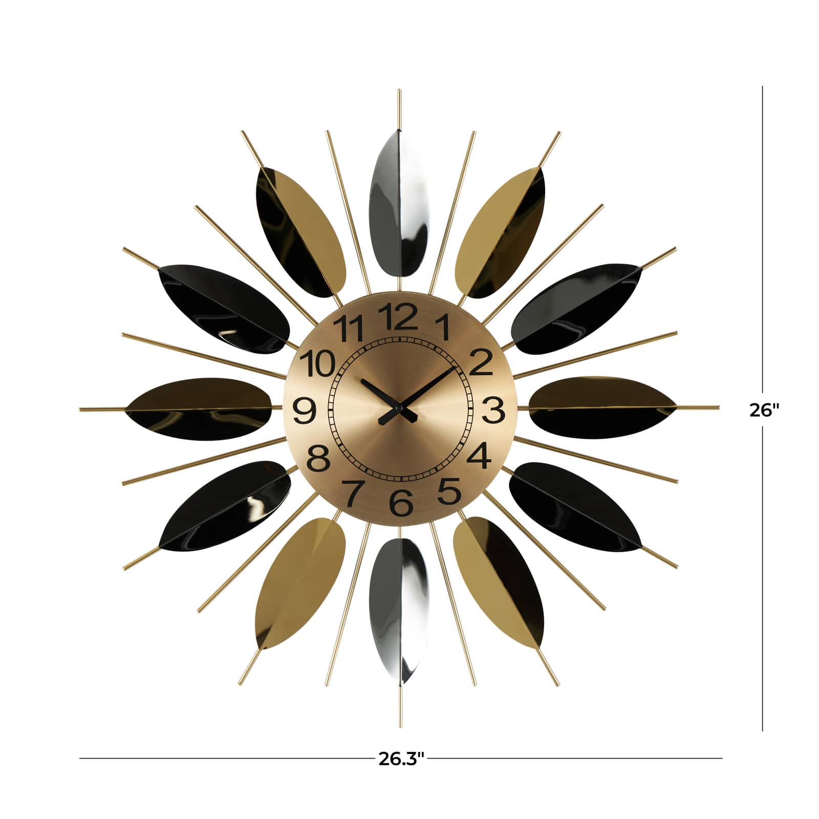 26" Gold Stainless Steel Metal Leaf Radial Decorative Wall Clock with Black Accents
