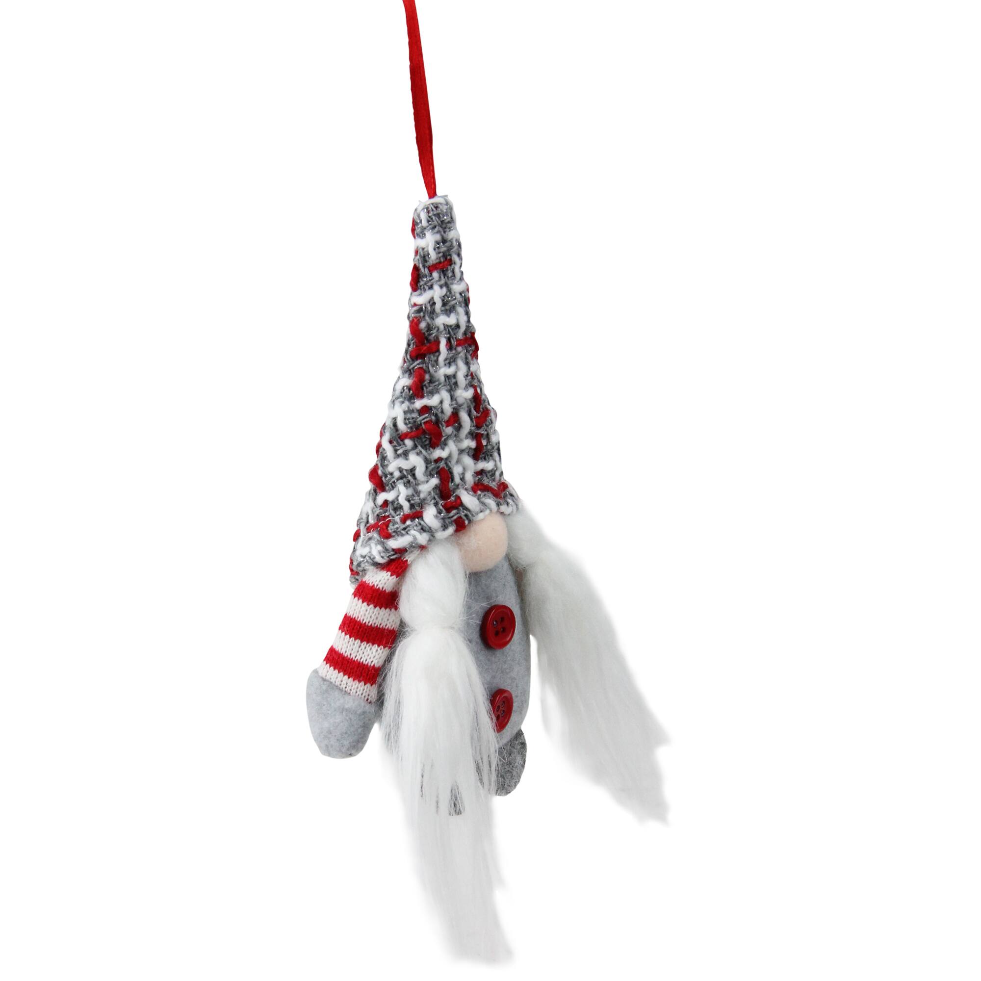 6&#x22; Gray &#x26; Red Plaid Santa&#x27;s Helper Gnome Hat Knit Ornament