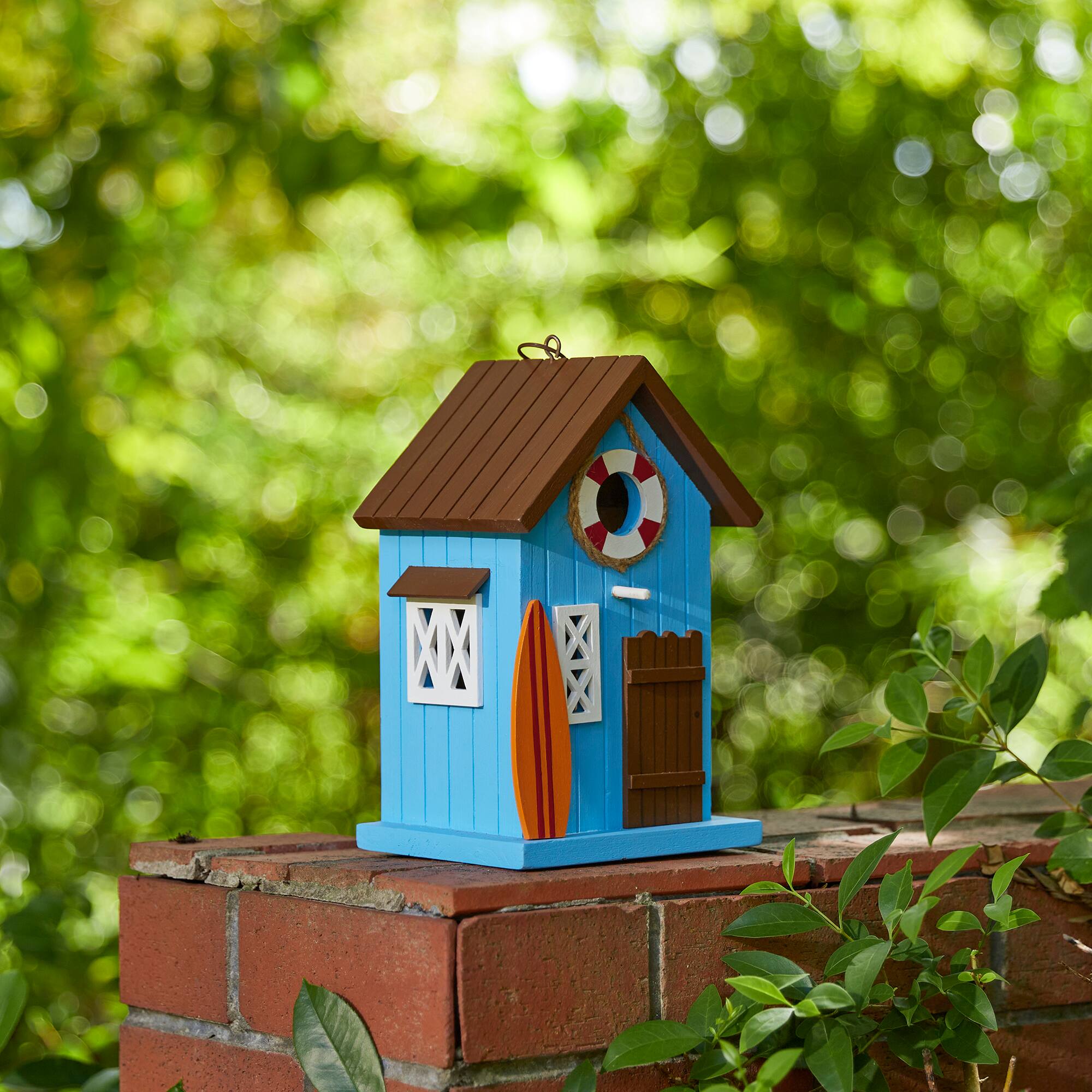 Glitzhome&#xAE; 10&#x22; Modern Blue Wood Beach Hut Birdhouse
