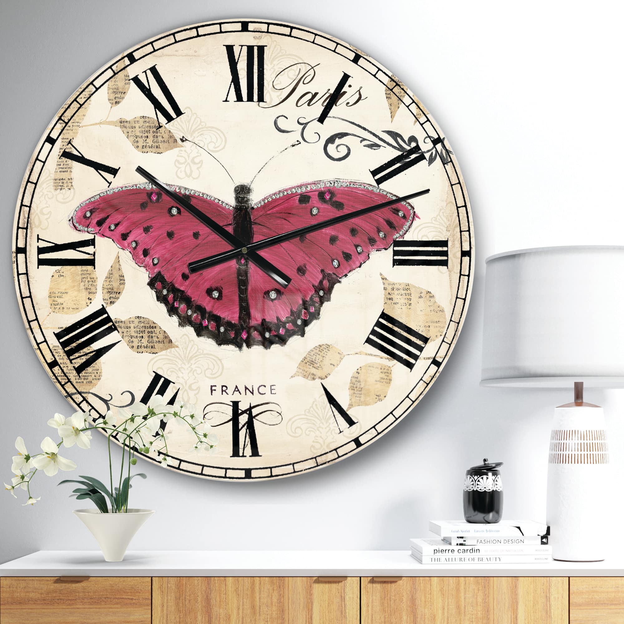 Designart Red Farmhouse Butterfly French Country Wall Clock