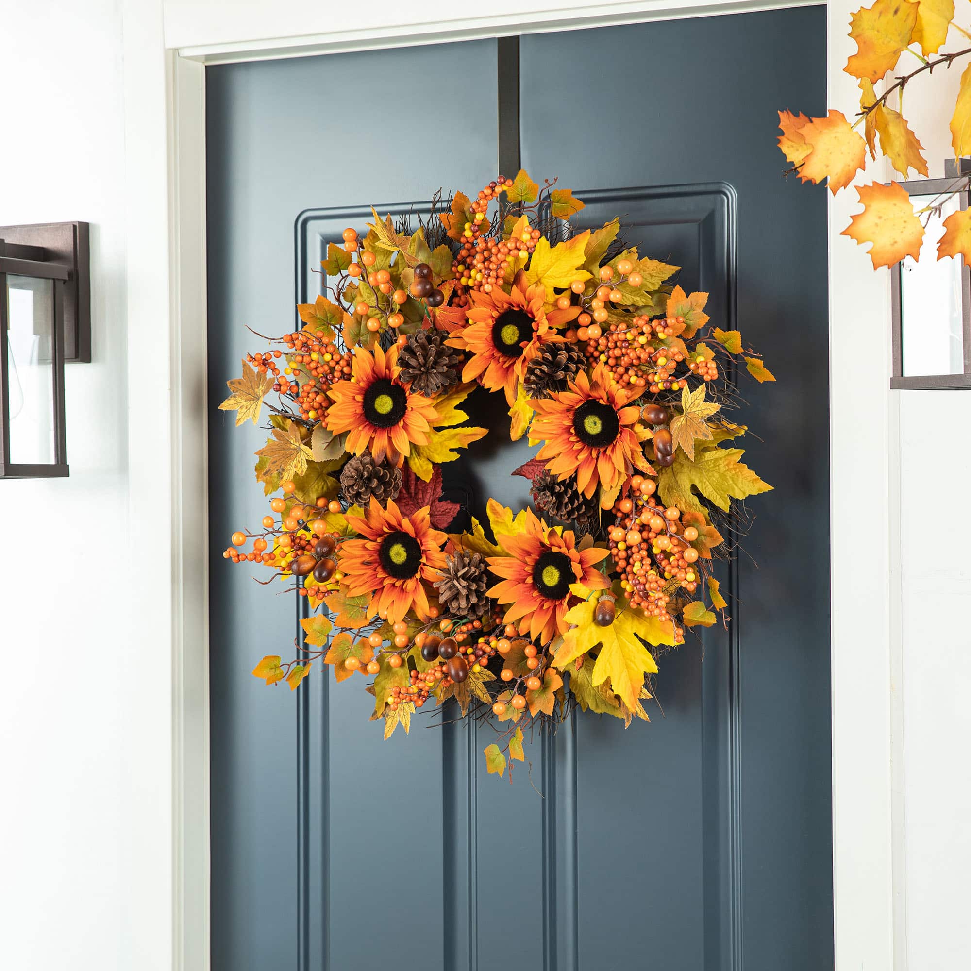 Glitzhome&#xAE; 24&#x22; Fall Sunflower, Maple Leaf &#x26;  Berry Wreath