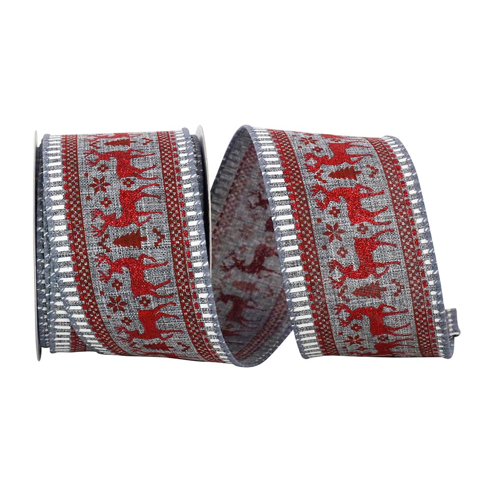 Reliant 2.5" x 10yd. Gray Deer Glitter Scene Wired Ribbon