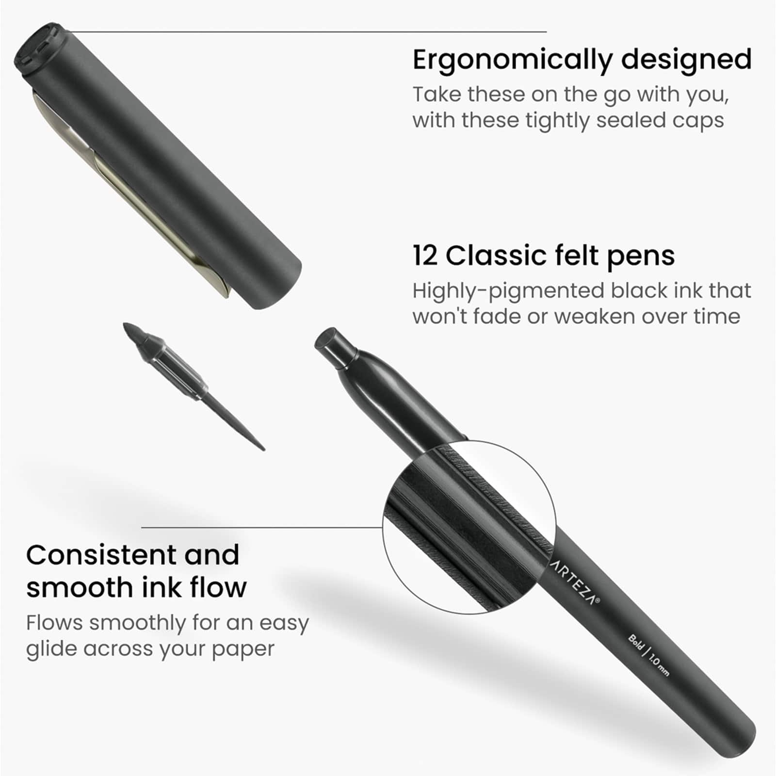 Arteza&#xAE; Black Bold Tip Classic Felt Pens, 12ct.
