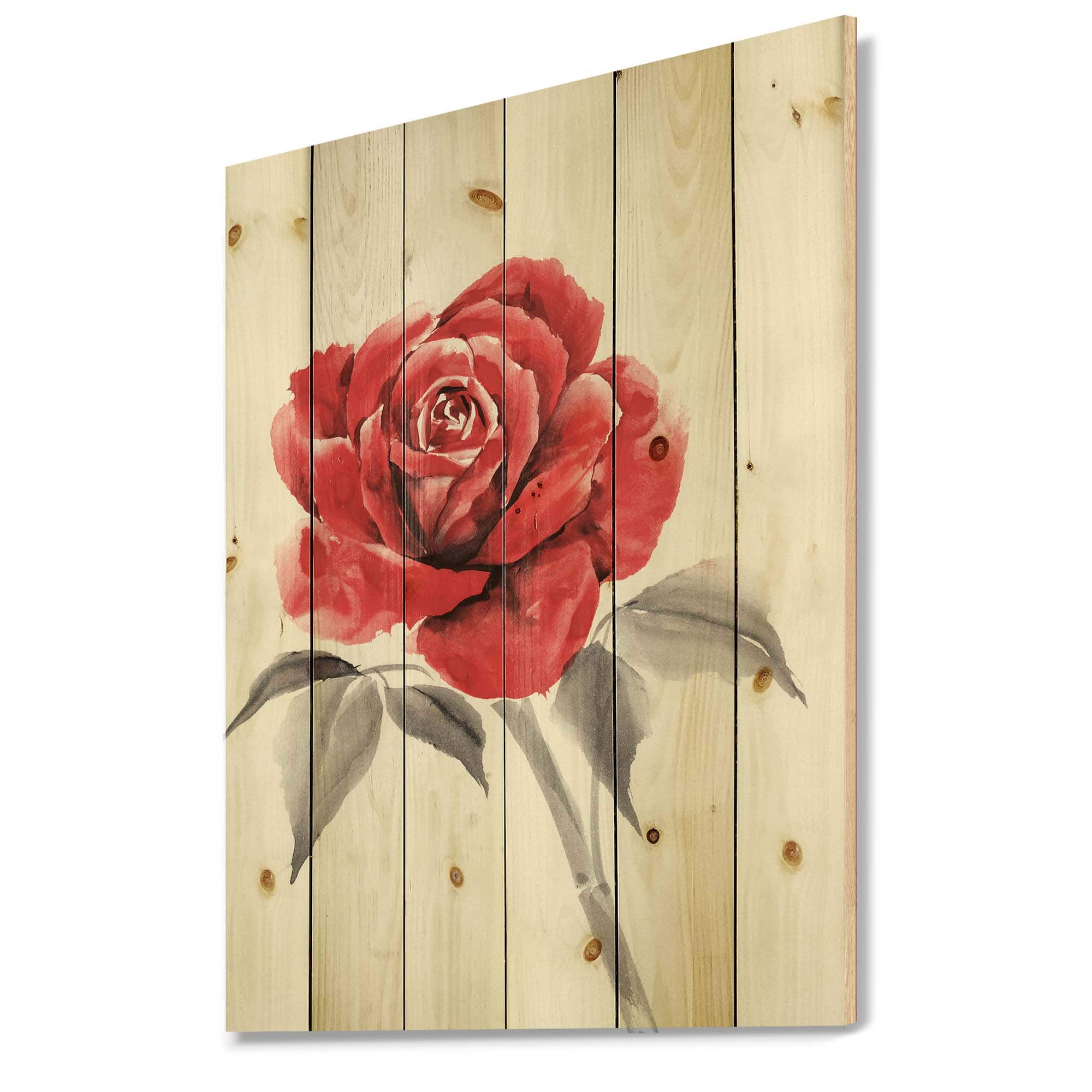 Designart - Vintage Red Rose Flower I - Traditional Print on Natural Pine Wood