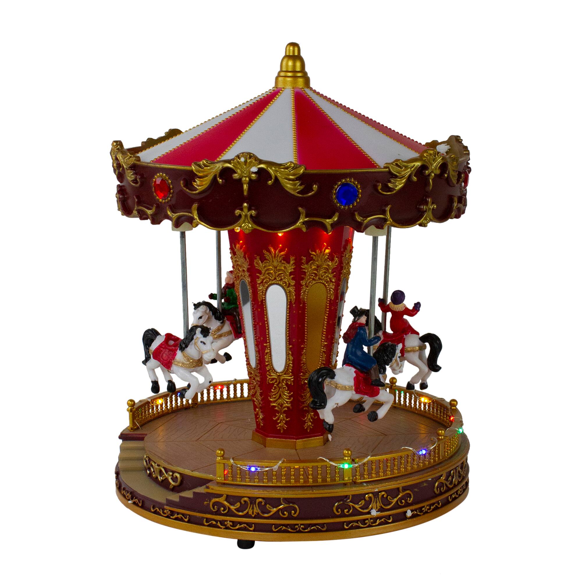 11&#x22; Red &#x26; White LED Animated Christmas Carousel with Horses
