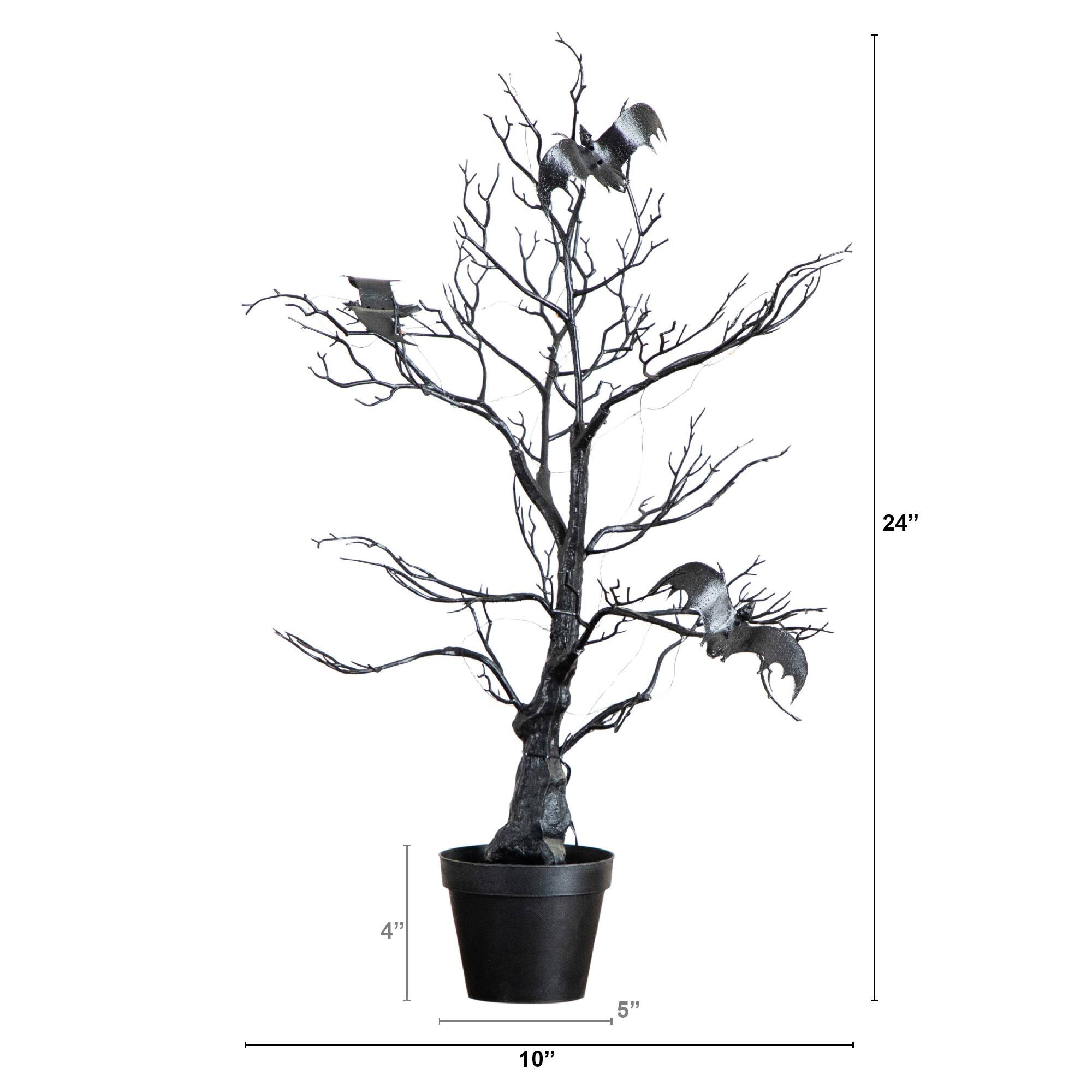 2ft. Pre-Lit Artificial Halloween Black Spooky Twig Tree with Bats and 40 Orange &#x26; Purple LED Lights