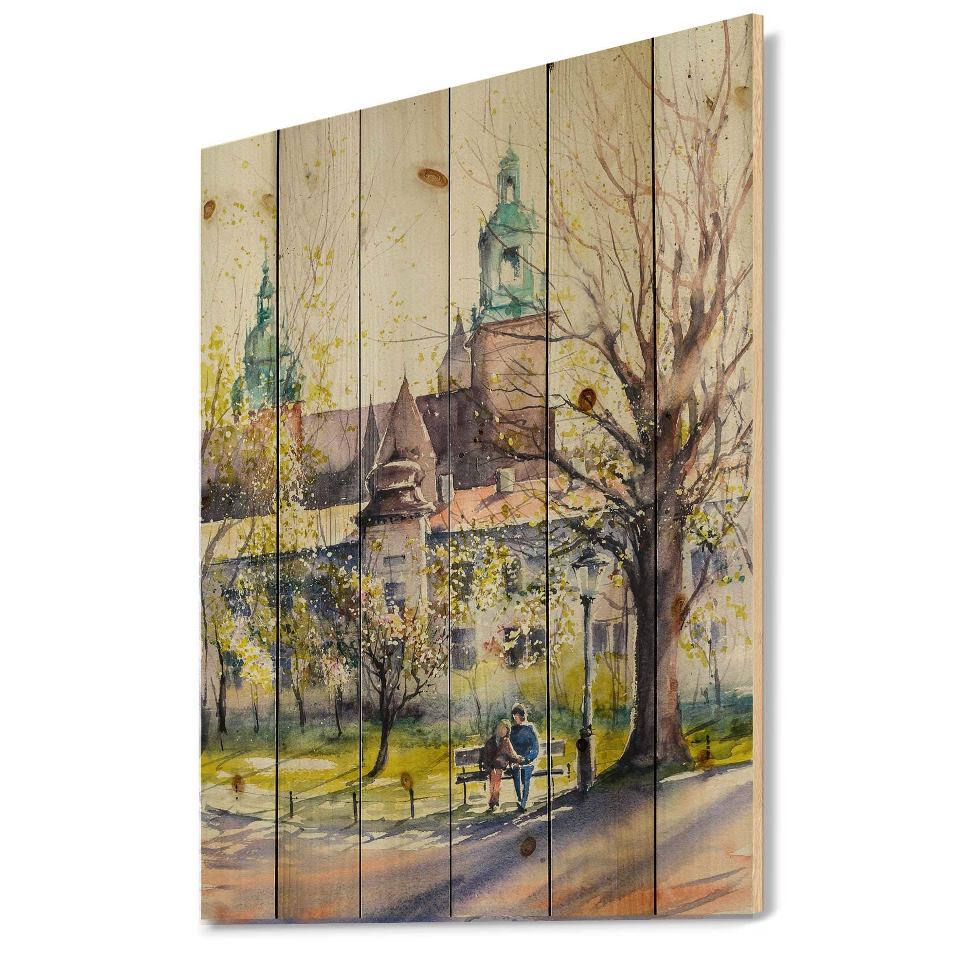 Designart - Castel Through The Trees of The Park - Country Print on Natural Pine Wood