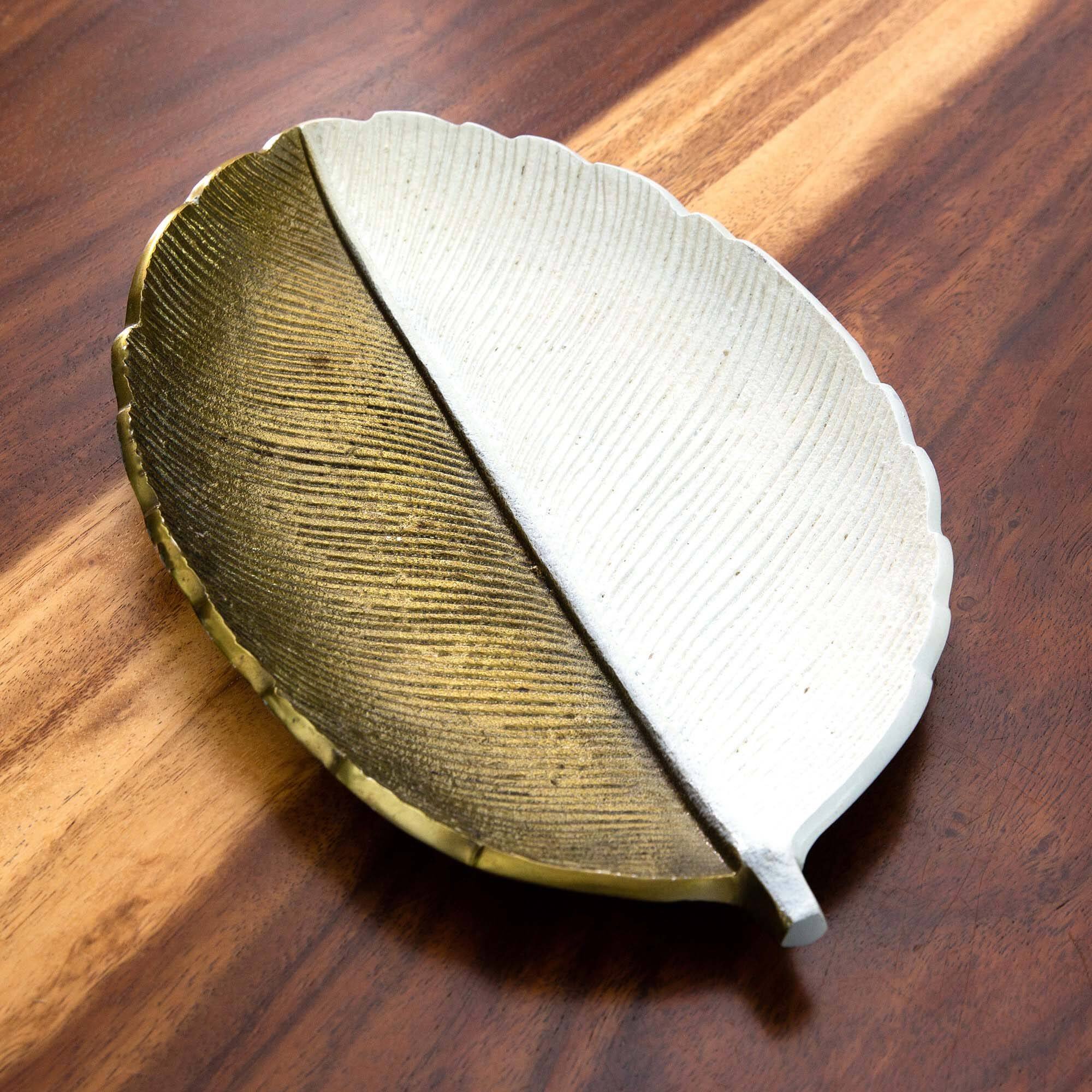 14&#x22; Gold &#x26; White Leaf Decorative Accent Tray