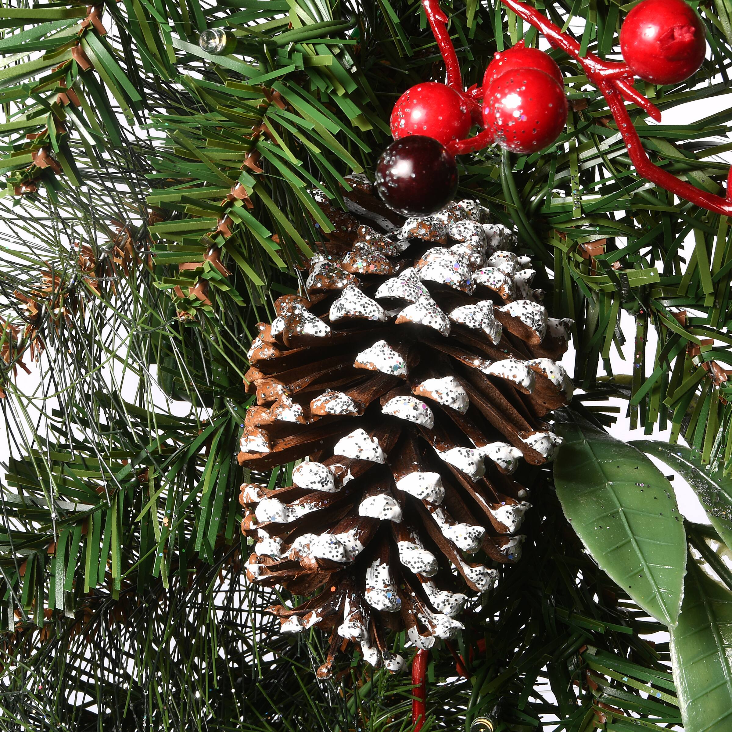 30" Frosted Pine Berry Collection Wreaths with Big White Edged Pine Cones, Red Berries, Silver Glittered Eucalyptus Leaves & Warm White LED Lights