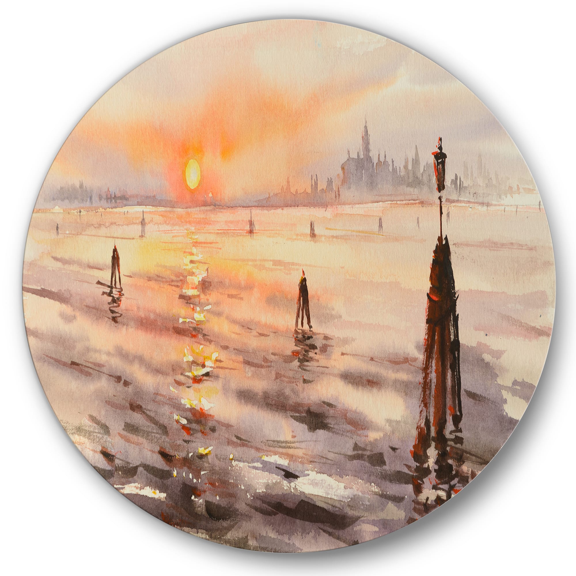 Designart - Panorama of Venice Laguna At Sunset - Nautical &#x26; Coastal Metal Circle Wall Art