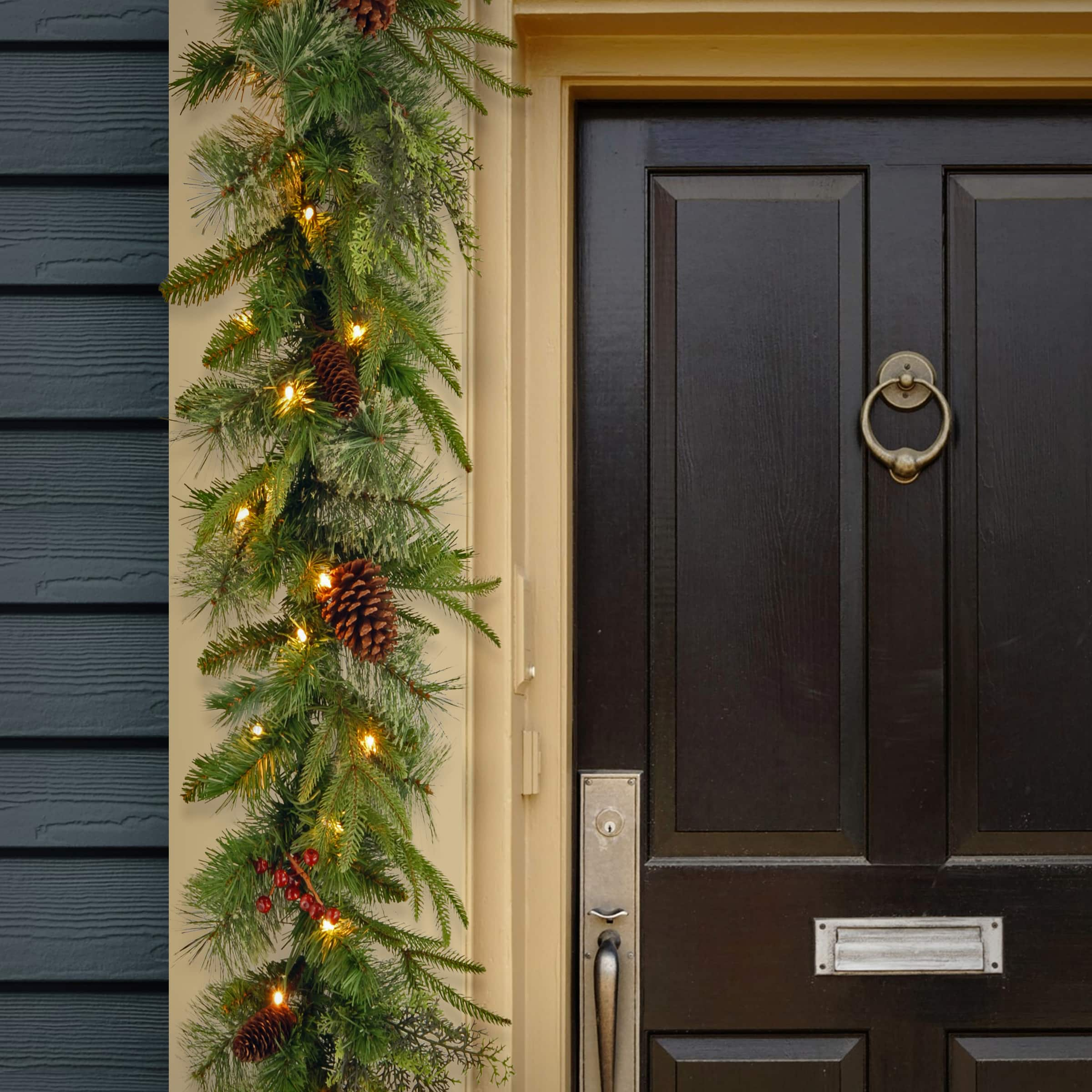 9&#x27; x 10&#x22; Pre-lit Feel Real&#xAE; Artificial Christmas Colonial Garland with 15 Pine Cones, 15 Red Berries and 50 Dual Color&#xAE; Battery Operated LED Lights w/Timer-9 Functions