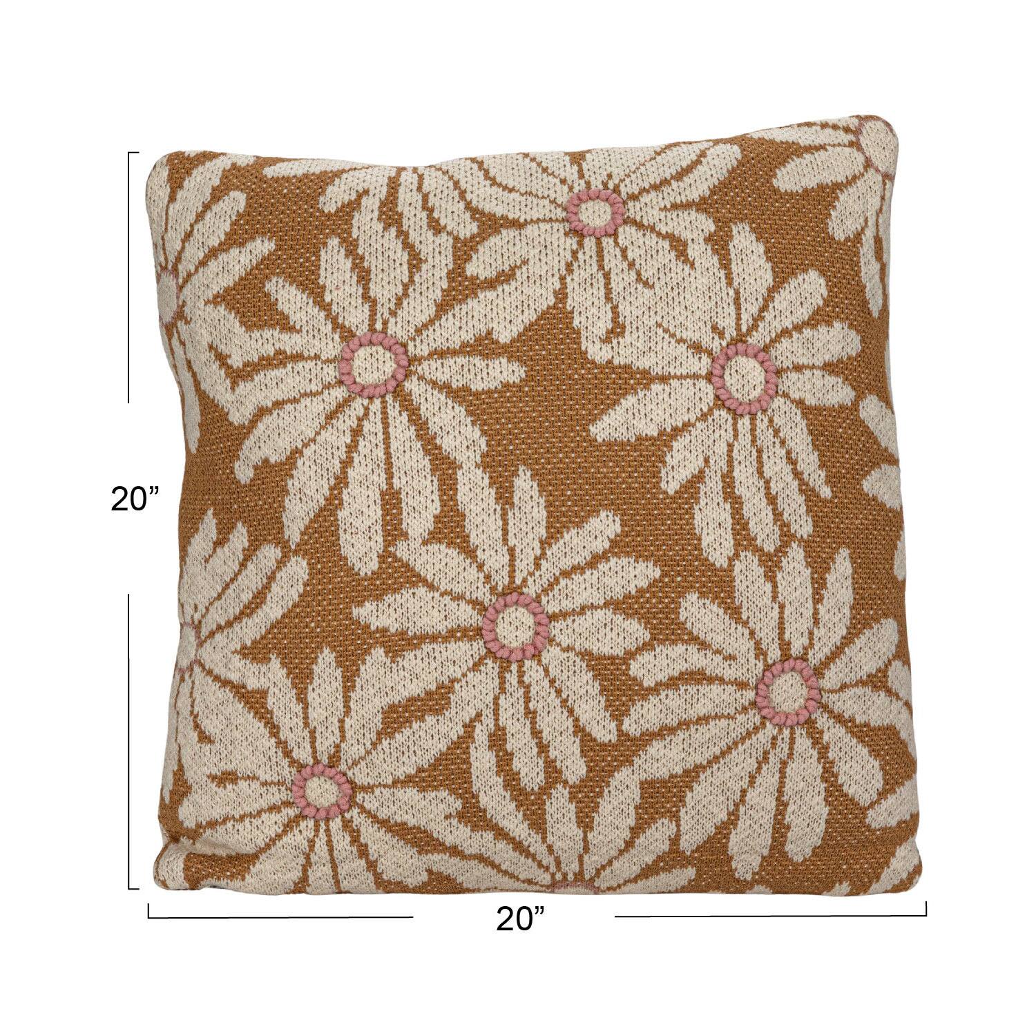 Hello Honey® 20" Natural, Pink & Mustard Flowers Cotton Knit Pillow