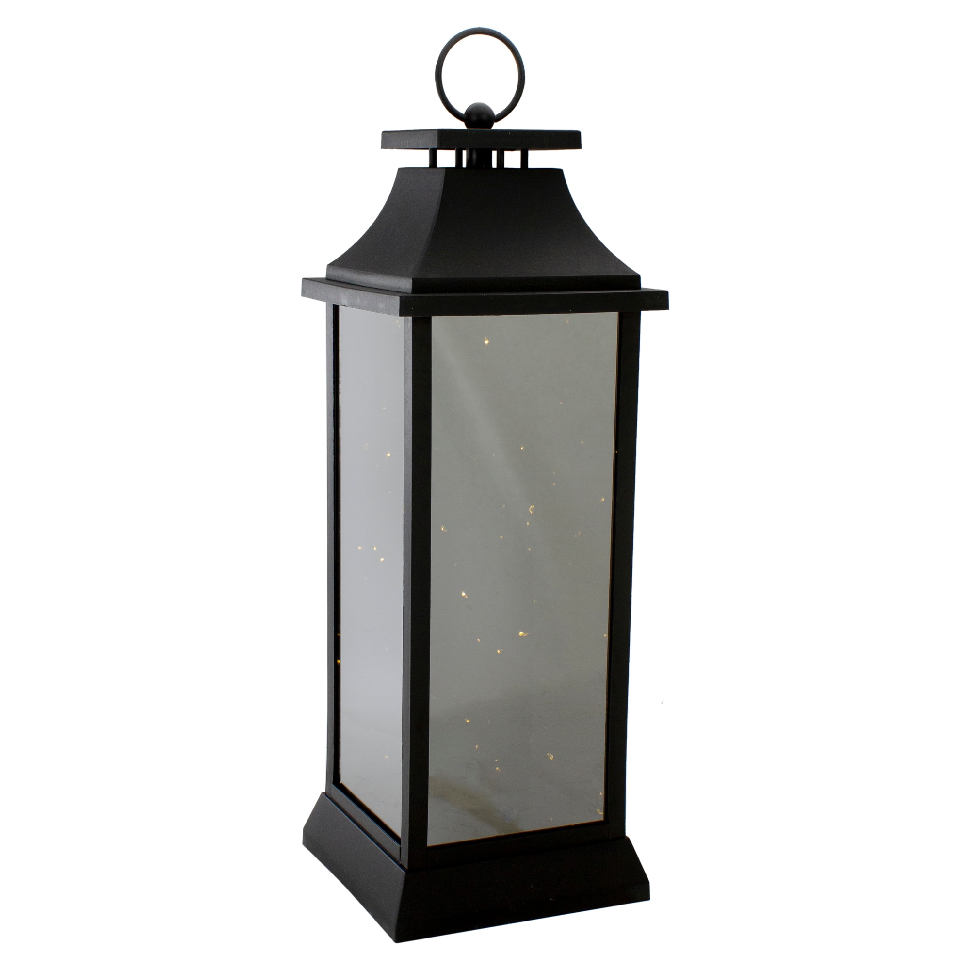 19" Black LED Mirrored Lantern with Warm White Flickering Lights