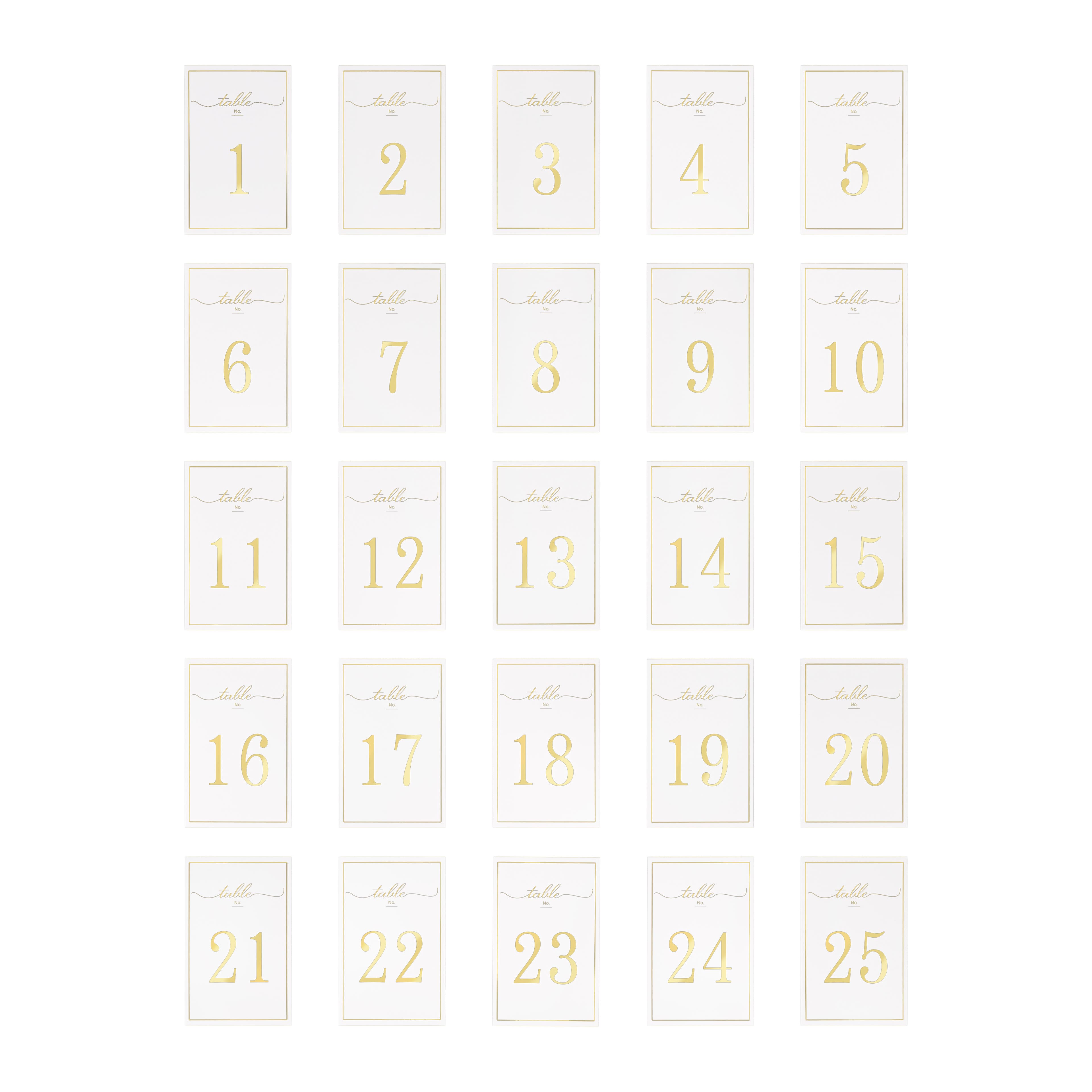 6 Pack: 5.5" x 3.5" Gold 1 to 25 Table Number Card Set by Celebrate It™