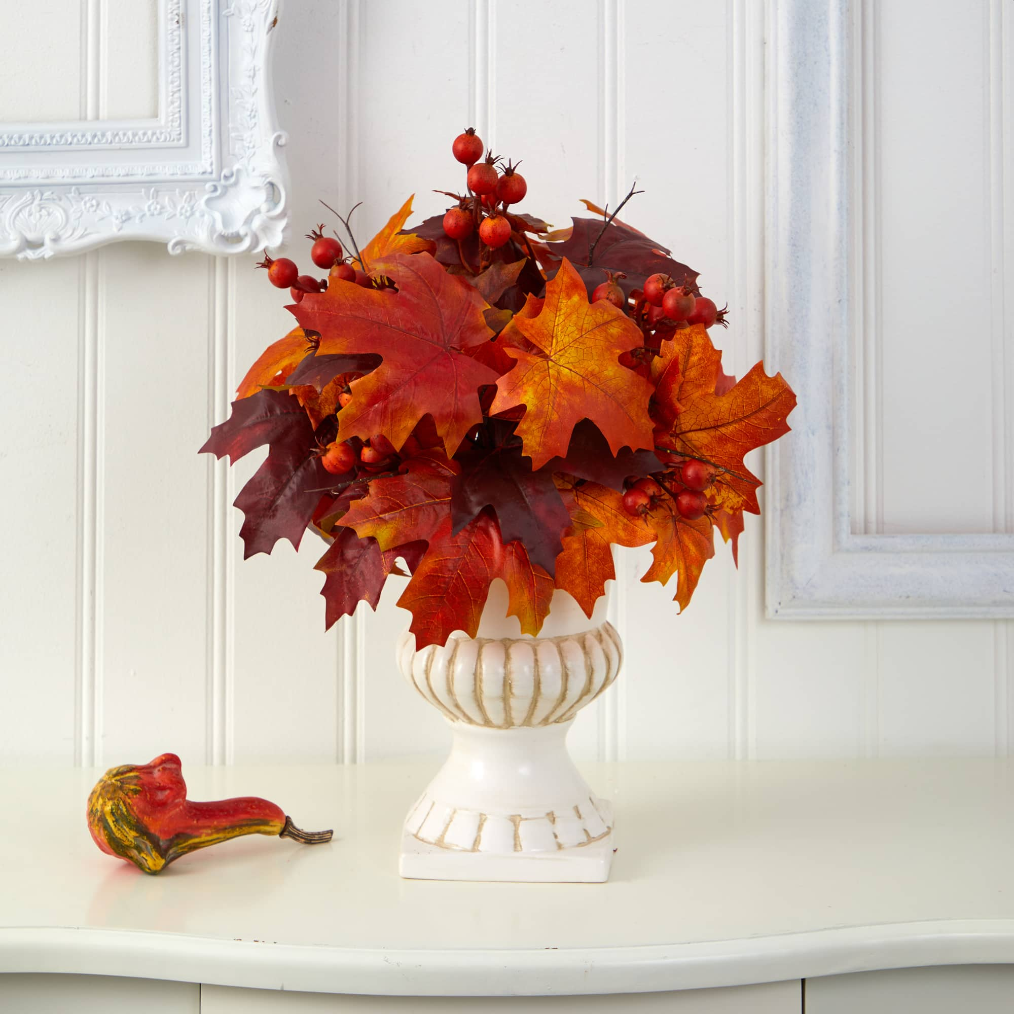 20&#x22; Autumn Maple Leaf &#x26; Berries Plant in White Urn