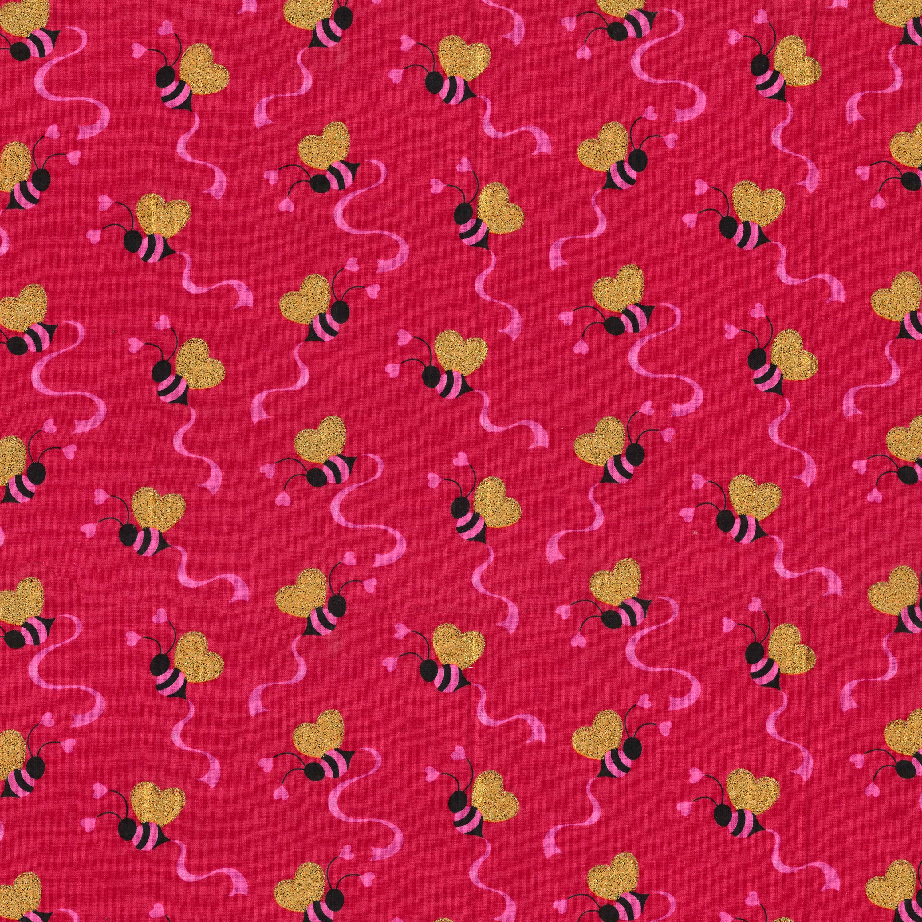 Valentine's Tossed Bees & Hearts Glitter Cotton Fabric