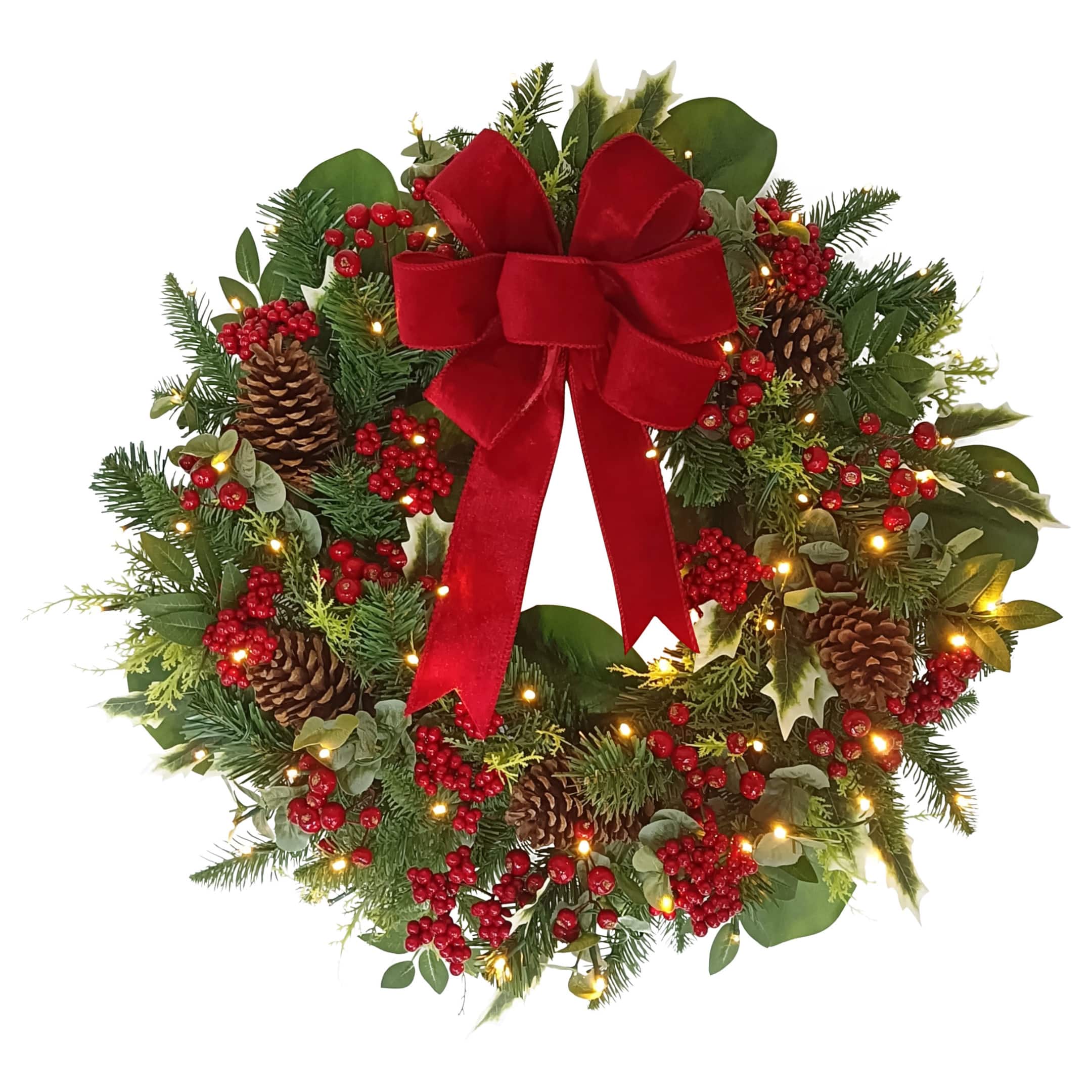 26&#x22; Battery-Operated Pre-Lit Decorated Artificial Wreath with Red Bow