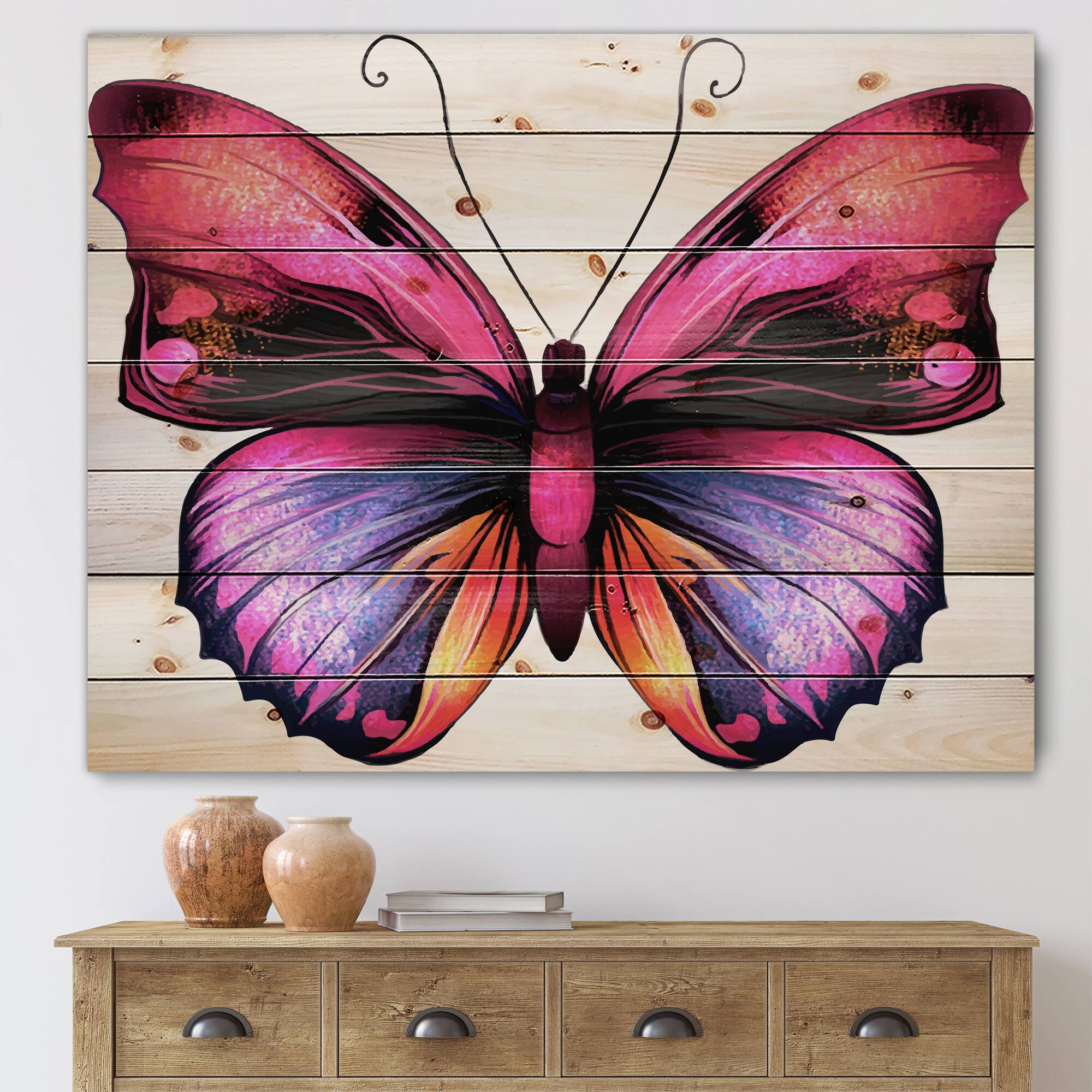 Designart - Bright Pink Butterfly Portrait - Modern Print on Natural Pine Wood