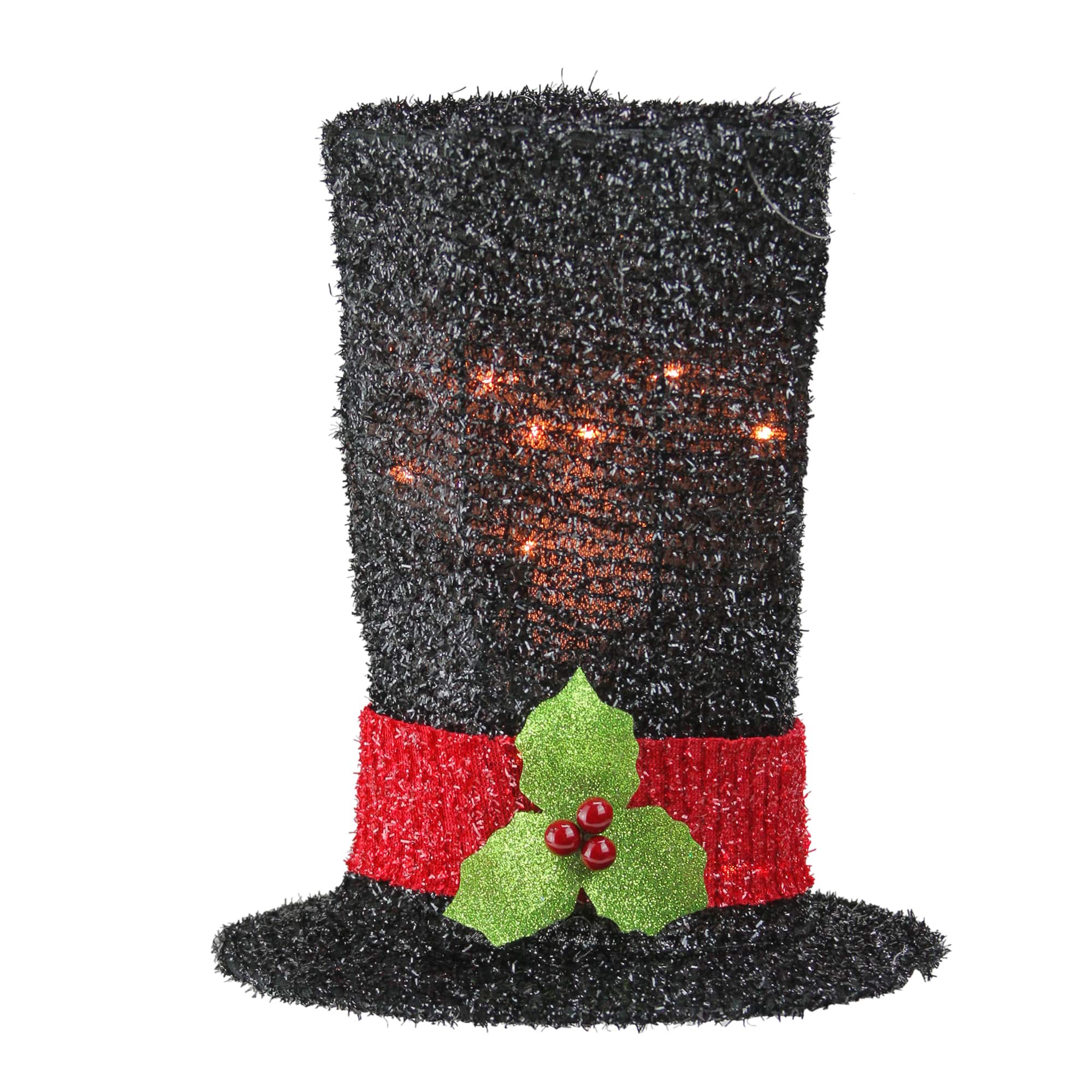9&#x22; Lighted Black Tinsel Snowman Top Hat Christmas Tree Topper, Clear Lights