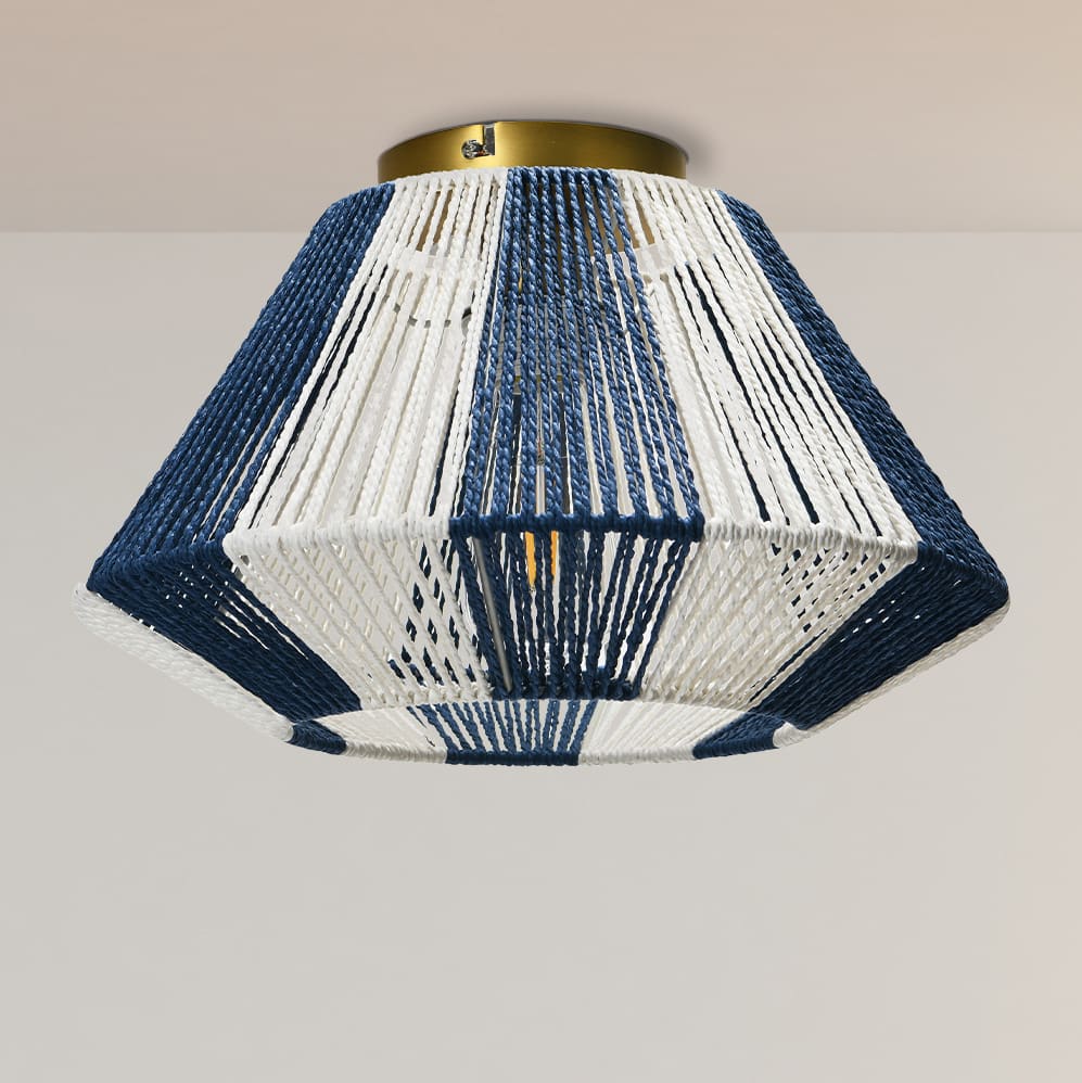 Navy &#x26; White Flush Mount Ceiling Light with Woven Paper Rope Shade