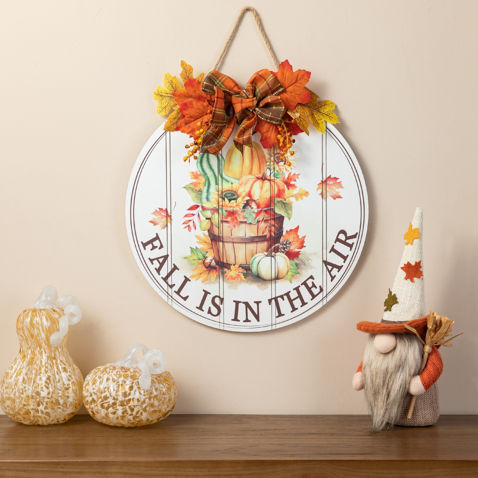 Glitzhome® 15" Fall Wood Round Word Sign Door Hanger