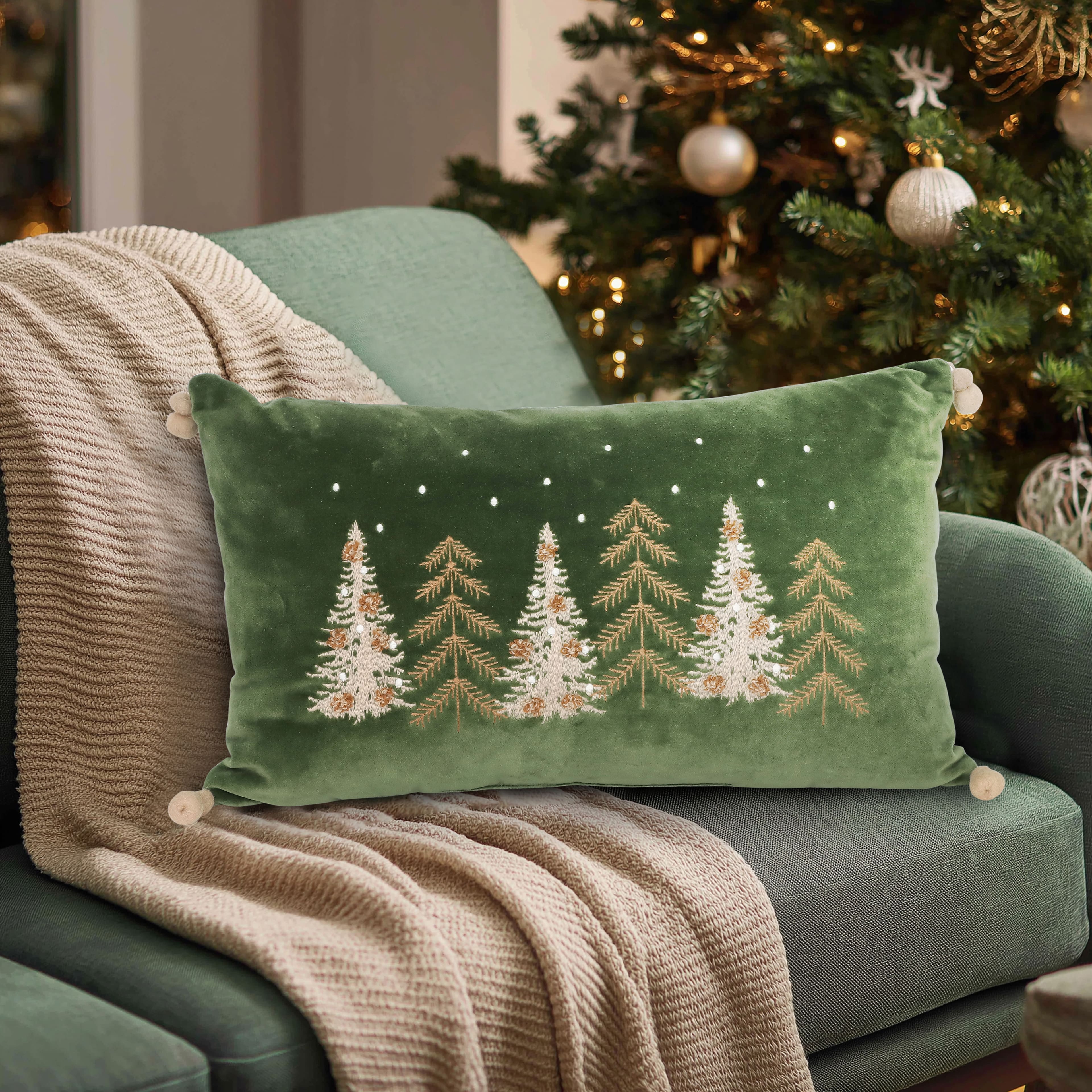 20&#x22; x 12&#x22; Green Embroidered Trees Lumbar Throw Pillow by Ashland&#xAE;