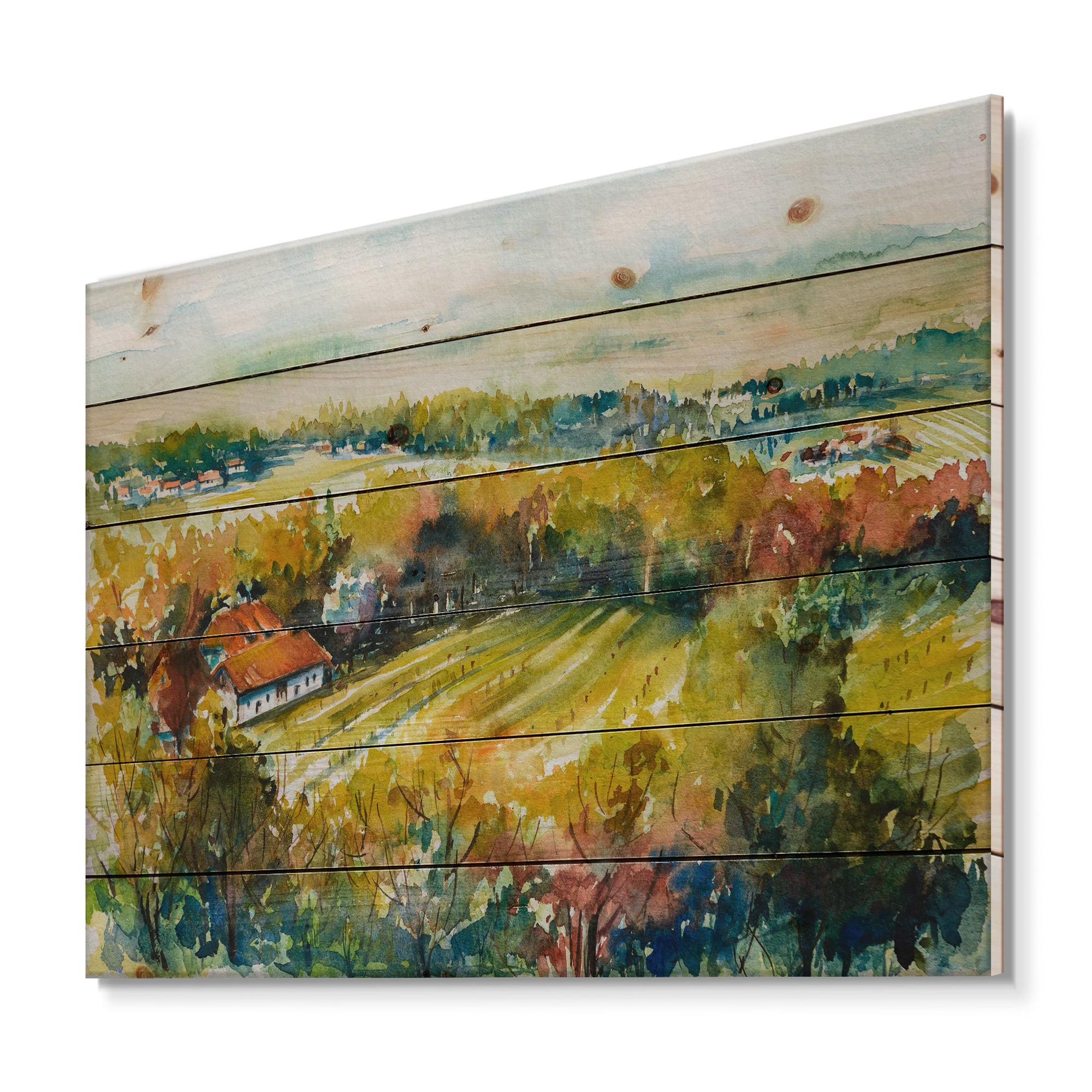 Designart - Rural Autumn Landscape - Country Print on Natural Pine Wood