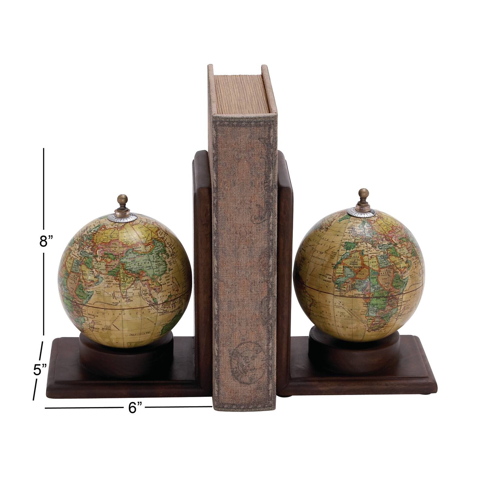 8" Rustic Brown Wood Globe Bookends