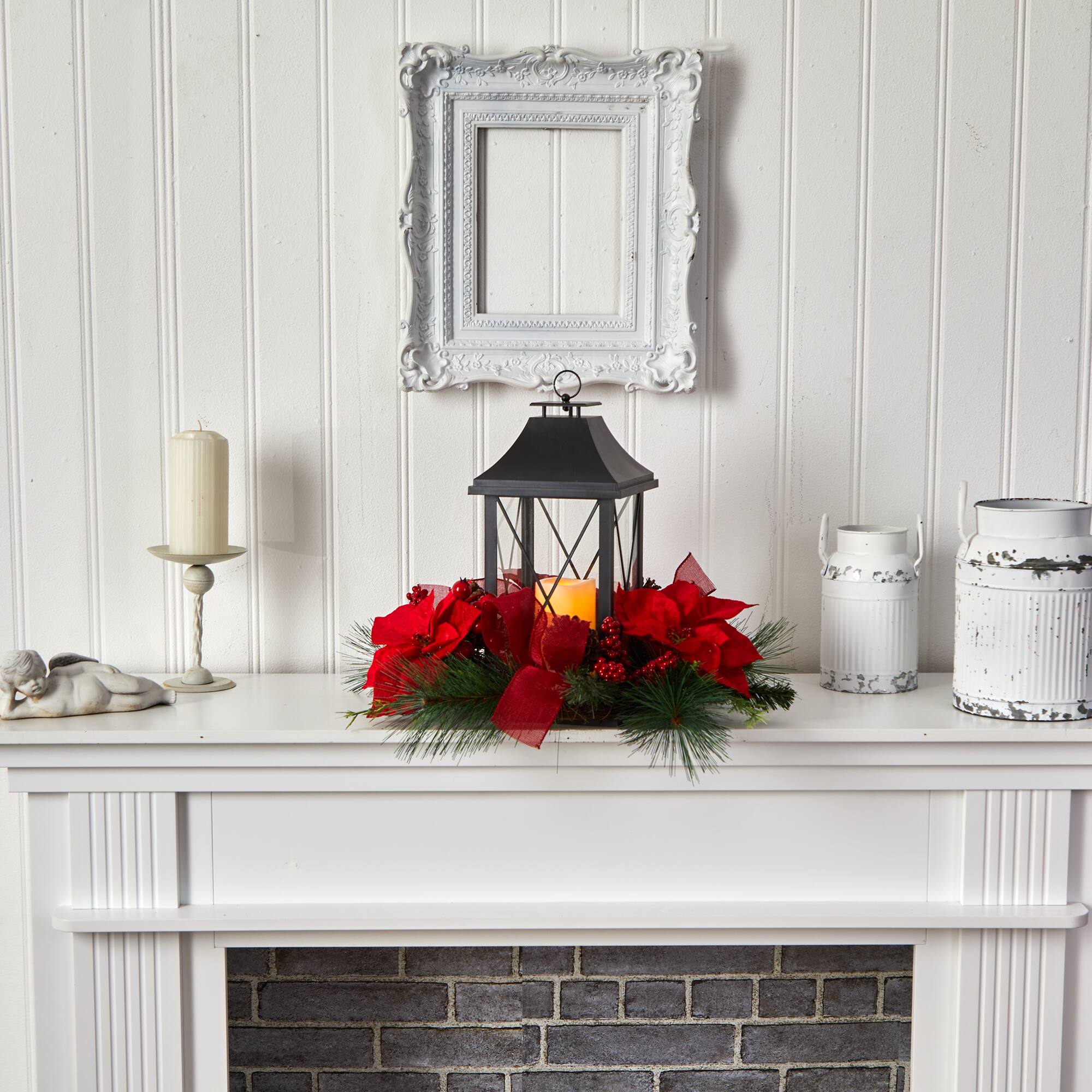 15&#x22; Red Poinsettia, Pinecone &#x26; Greenery Lantern with LED Candle Artificial Christmas Arrangement