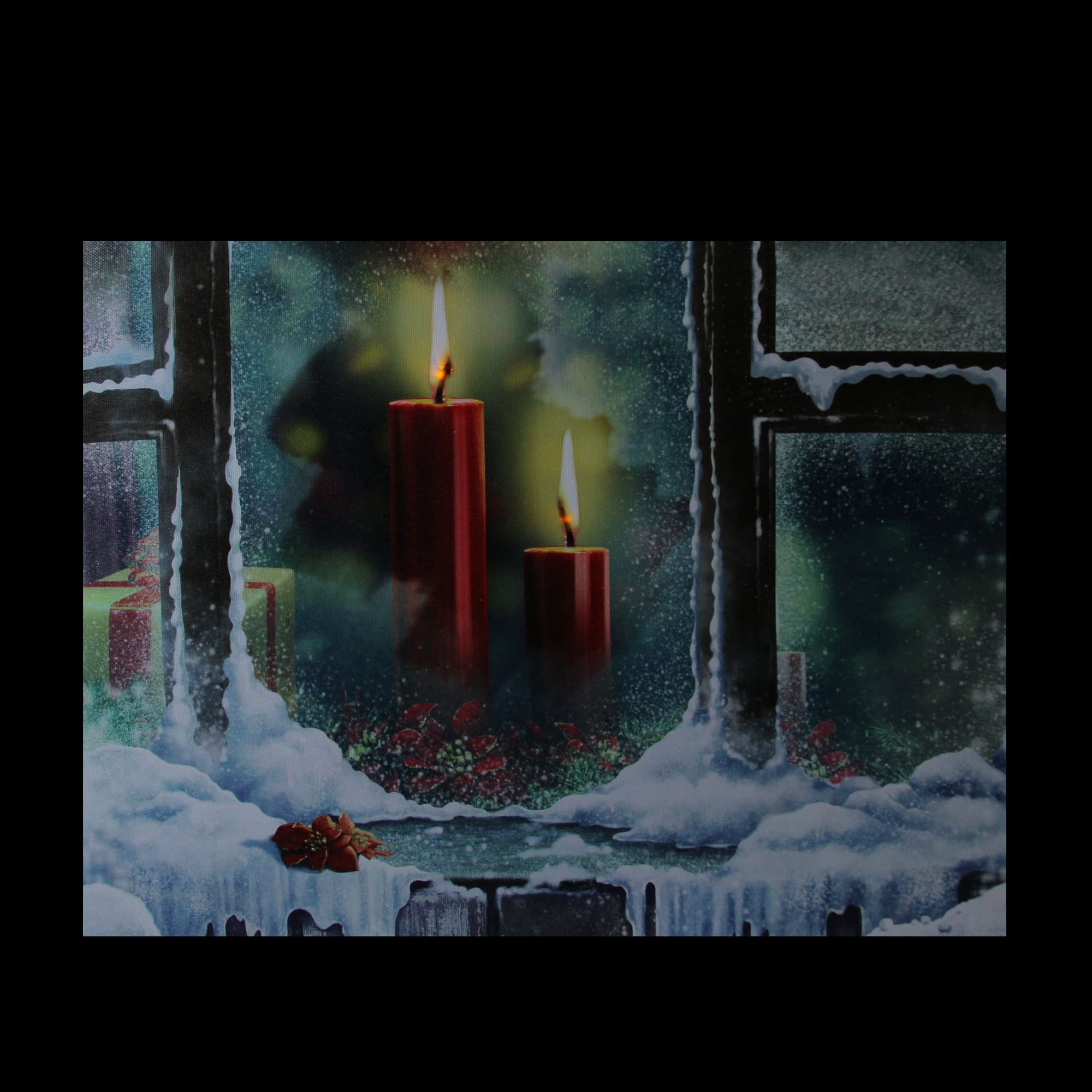 LED Lighted Snowy Window Pane And Candles Christmas Canvas Wall Art