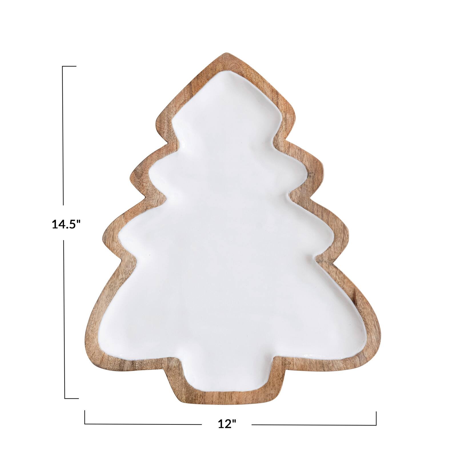 Hello Honey&#xAE; 14.5&#x22; White &#x26; Natural Enameled Mango Wood Christmas Tree Shaped Tray