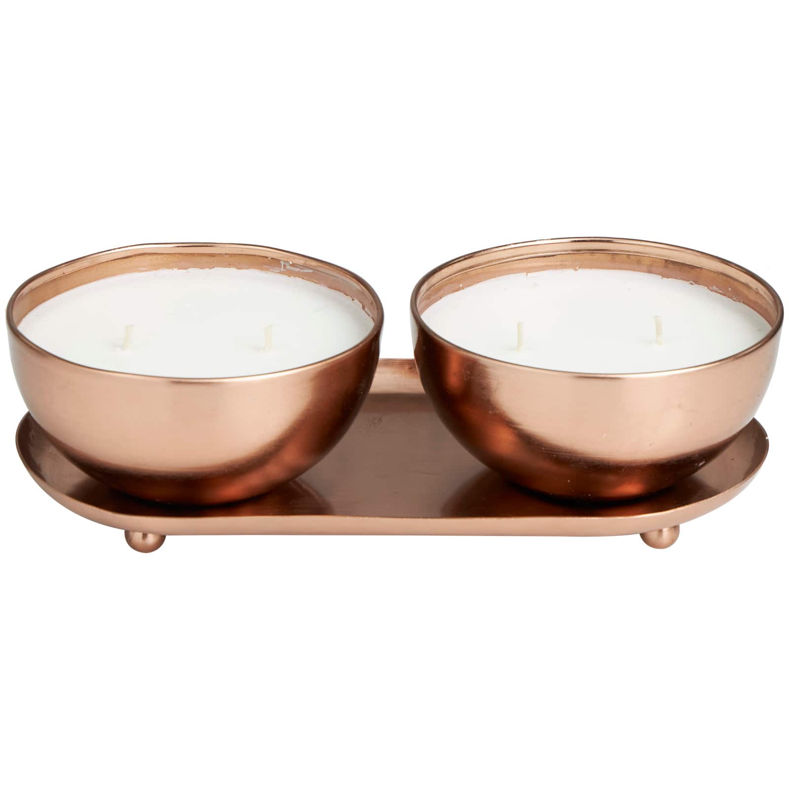 12oz. 2-Wick White Wax Tropical Breeze Scented Candle with Copper Container Bowls and Thin Oval Holding Tray Set