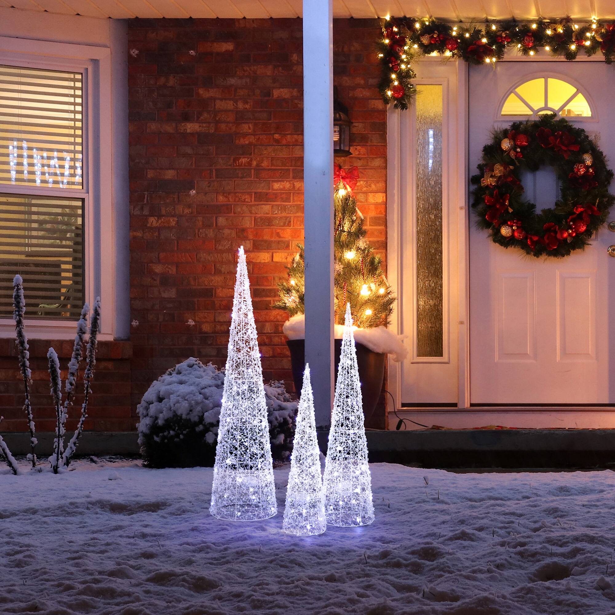 Glitzhome&#xAE; Lighted Christmas Crystal White Cone Tree Outdoor D&#xE9;cor Set