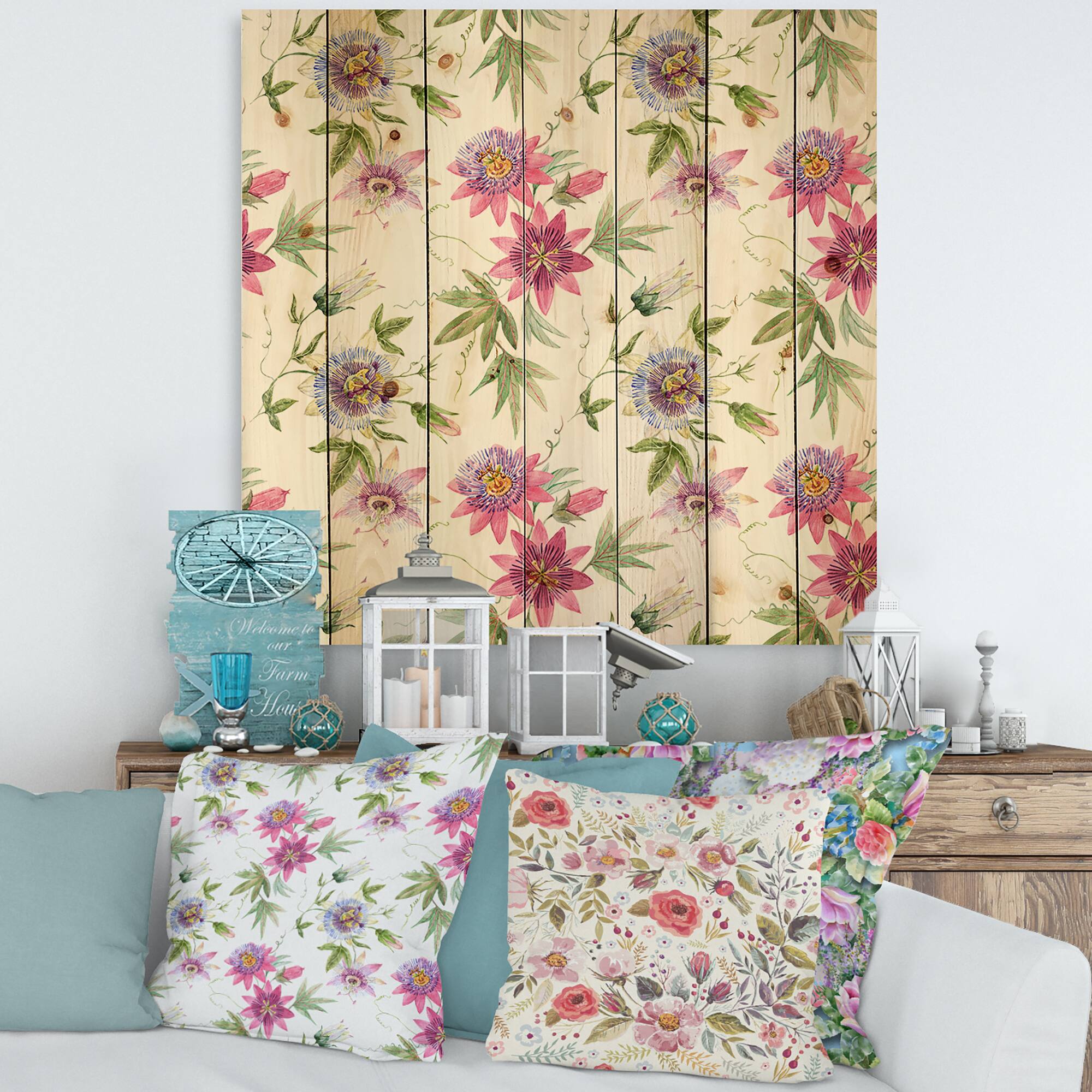 Designart - Pink Passionflower Flowers - Traditional Print on Natural Pine Wood
