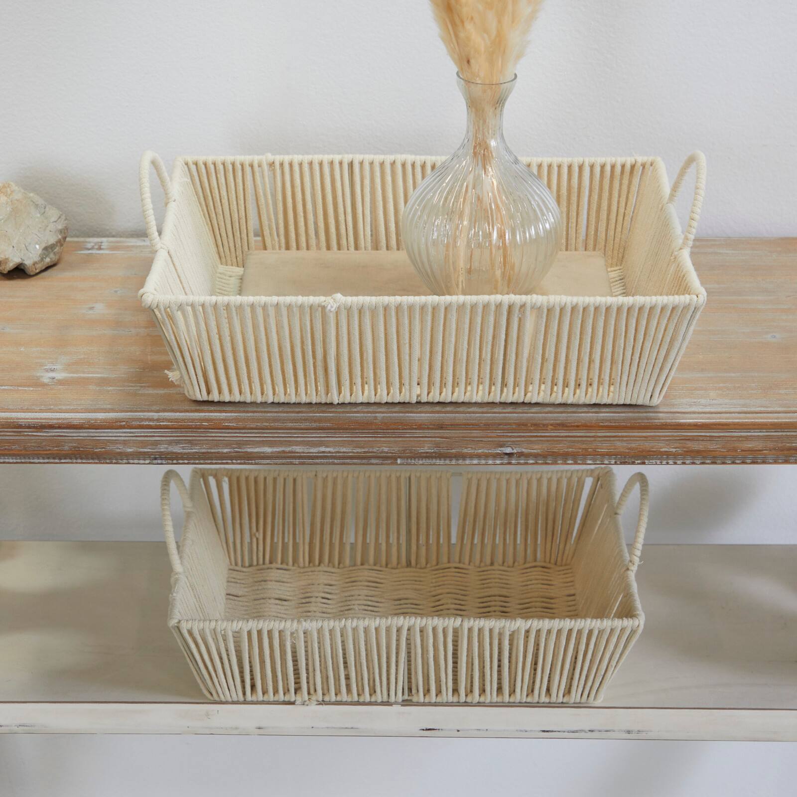 Cream Cotton Handmade Woven Storage Basket with Handles Set of 2 18", 17"