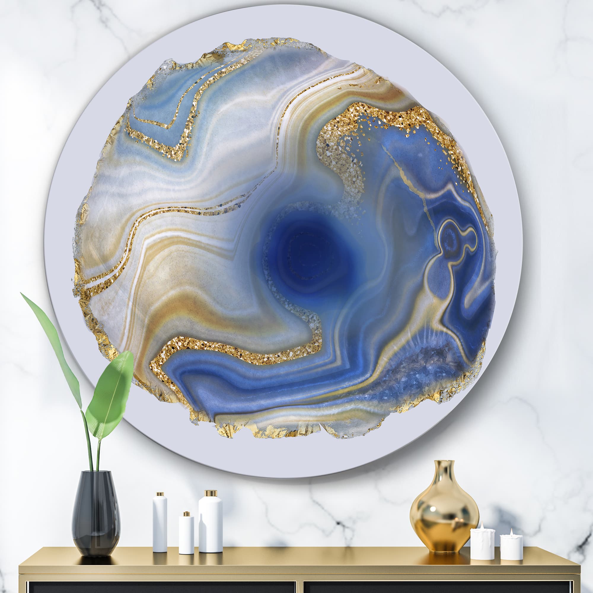 Designart - Ocean Blue Golden Jasper Agate I - Glam Round Circle Metal Wall Decor