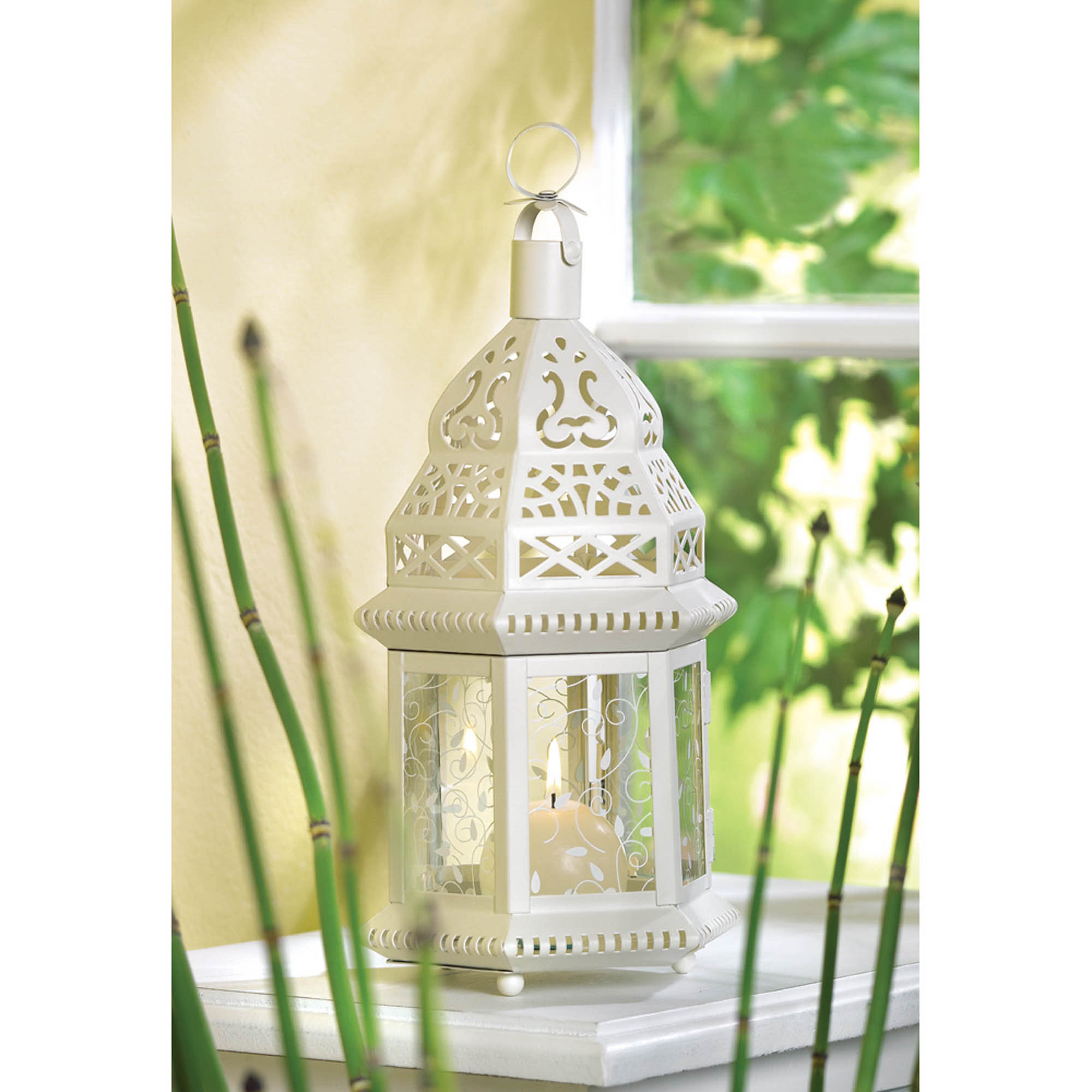 12" White Moroccan Style Hanging Candle Lantern with Etched Floral Glass