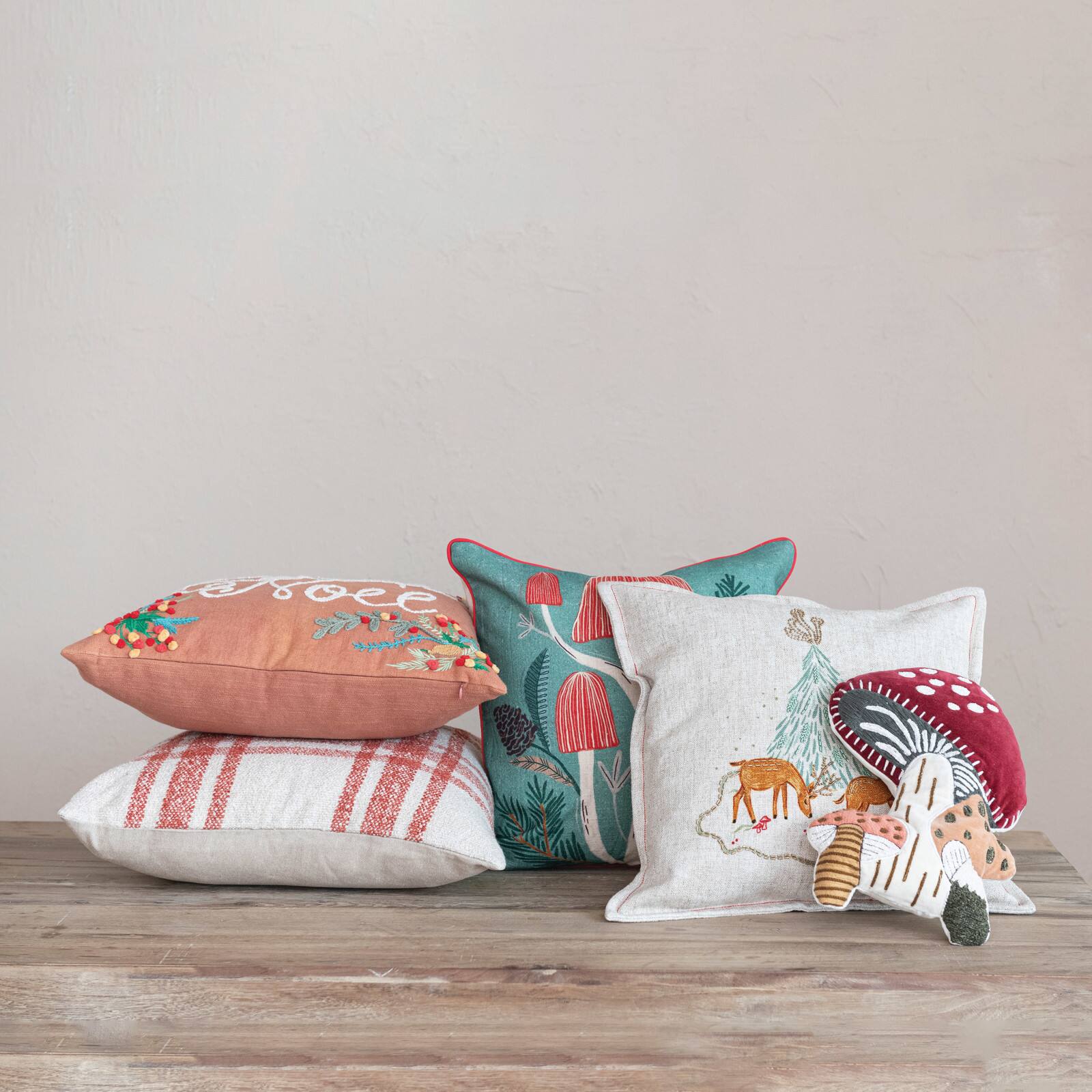 Hello Honey® 18" Embroidered Mushrooms Cotton Slub Throw Pillow with Red Piping