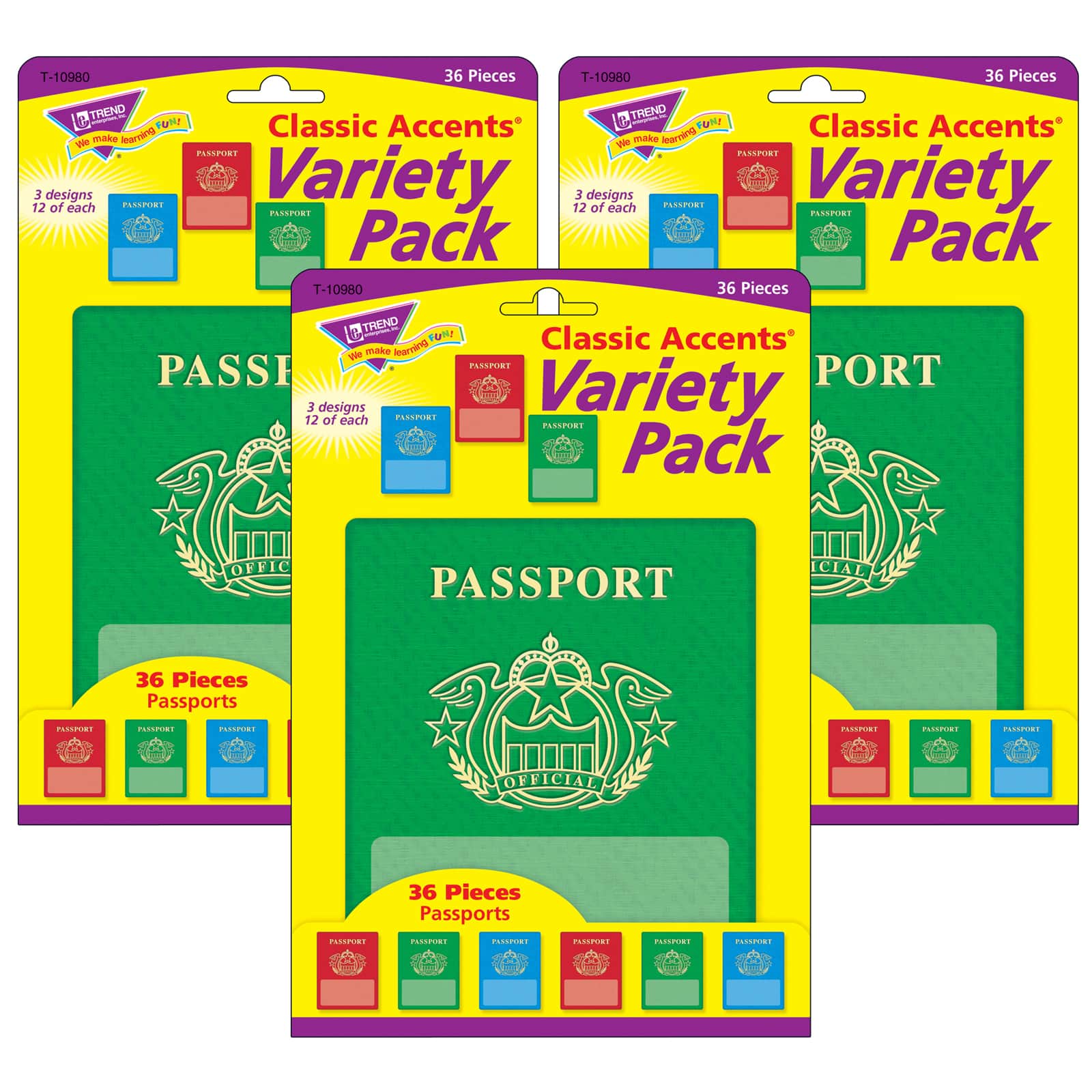 TREND Enterprises® Passports Classic Accents® Variety Pack, 3 Packs of 36