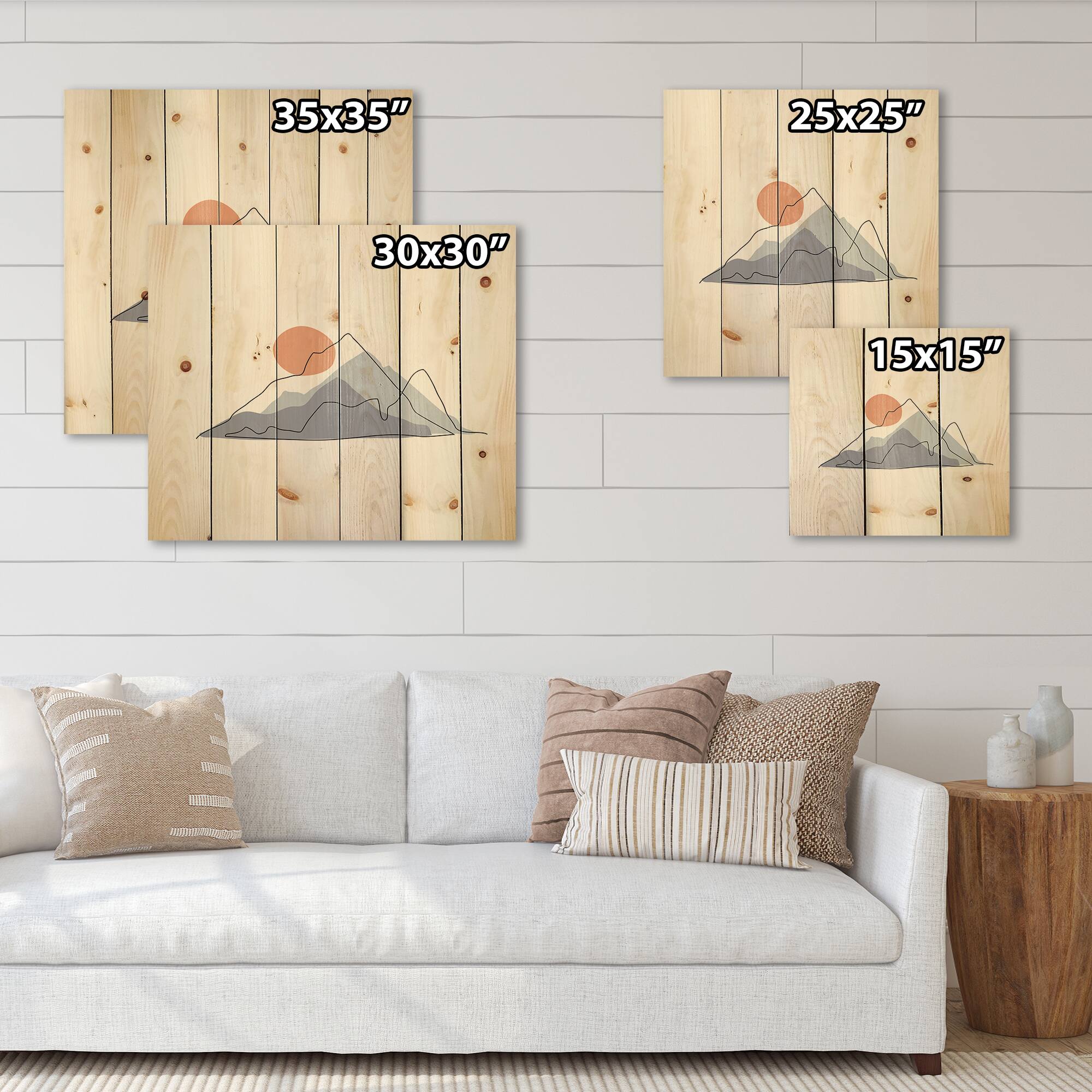 Designart - Abstract Mountainscape With Red Moon - Modern Print on Natural Pine Wood