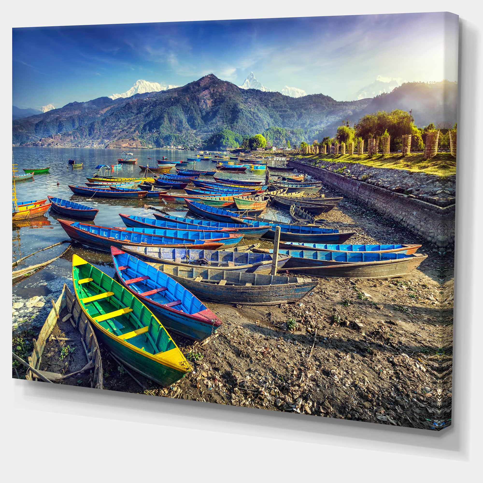 Designart - Colorful Boats in Pokhara Lake - Boat Canvas Art Print