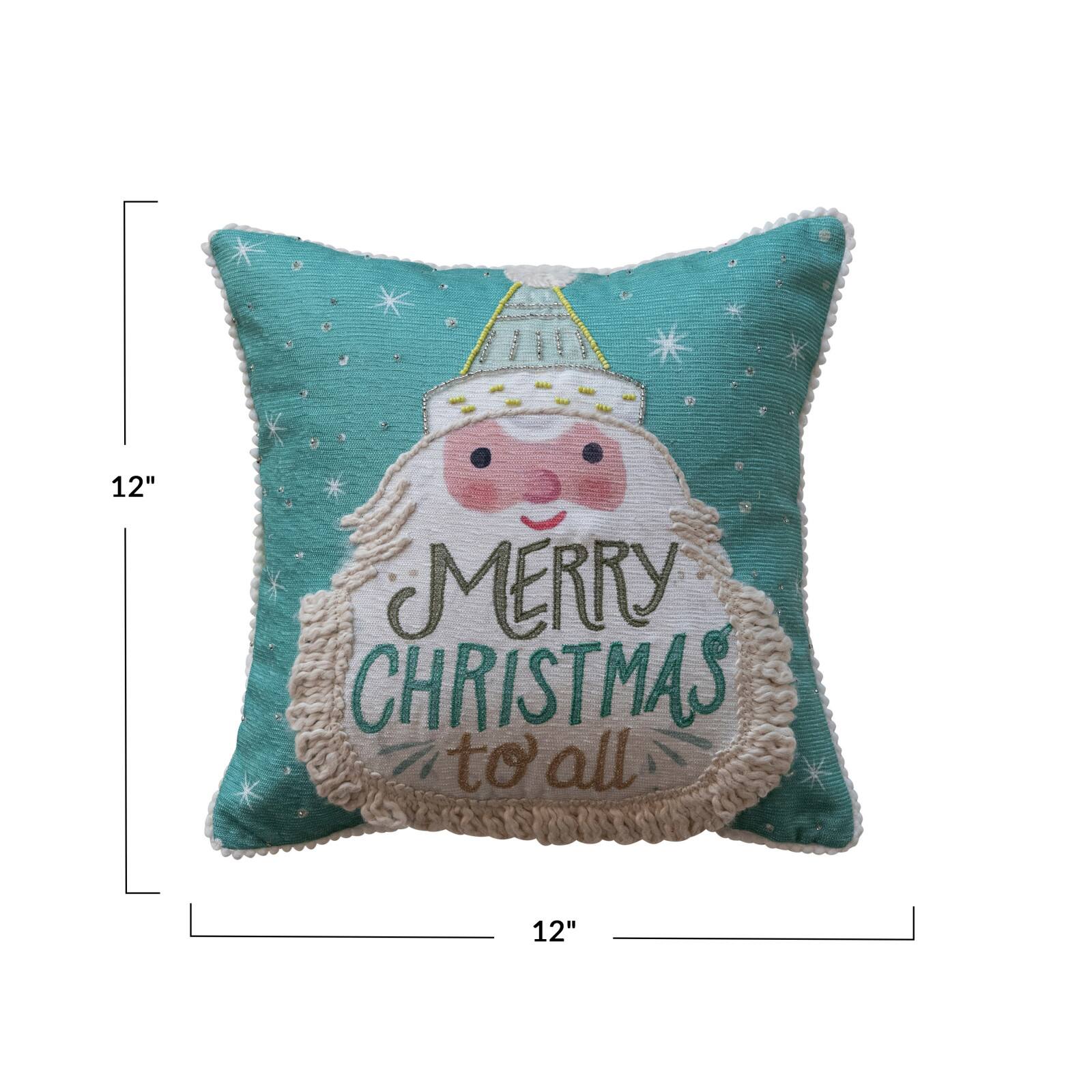 Hello Honey® 12" x 12" Square Merry Christmas to All Cotton Blend Printed Pillow with Embroidered Santa, Fringe & Pom Pom Trim
