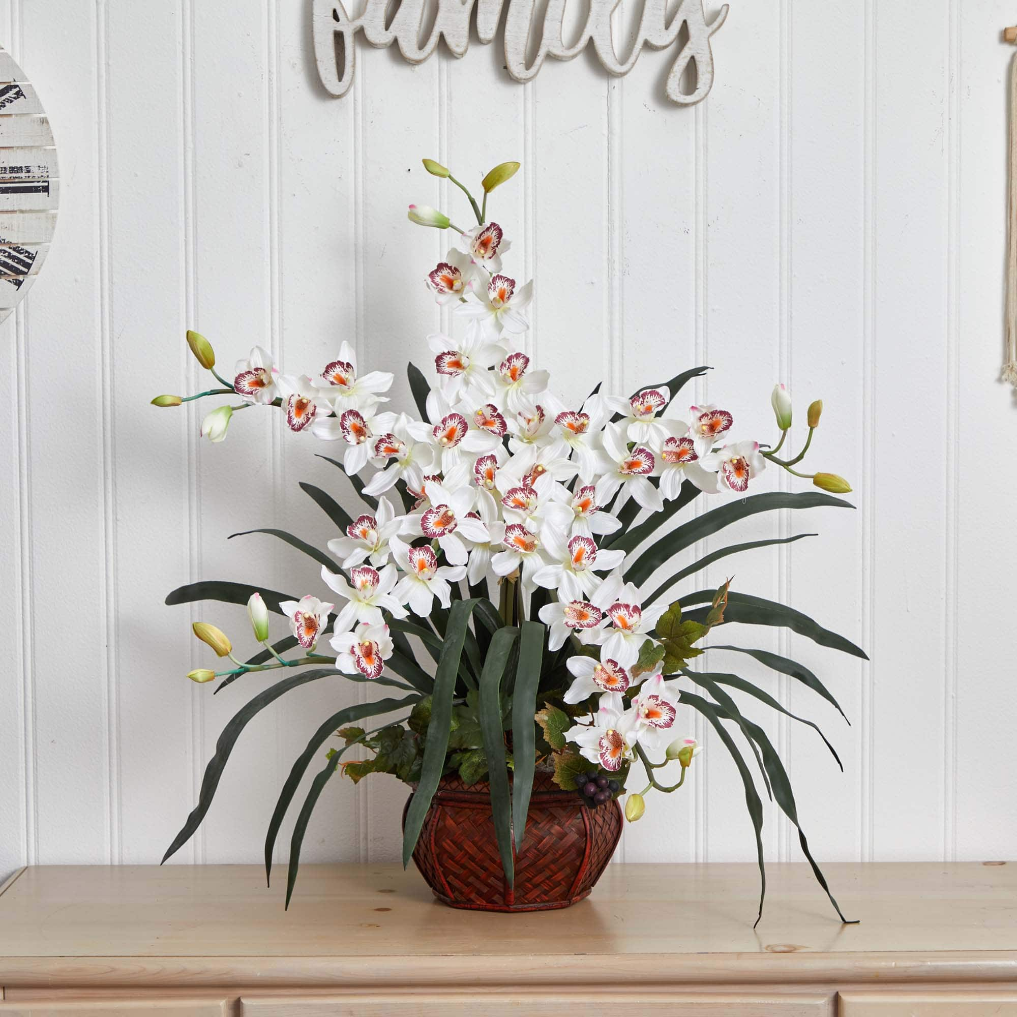 30&#x22; White Silk Cymbidium Arrangement with Decorative Vase