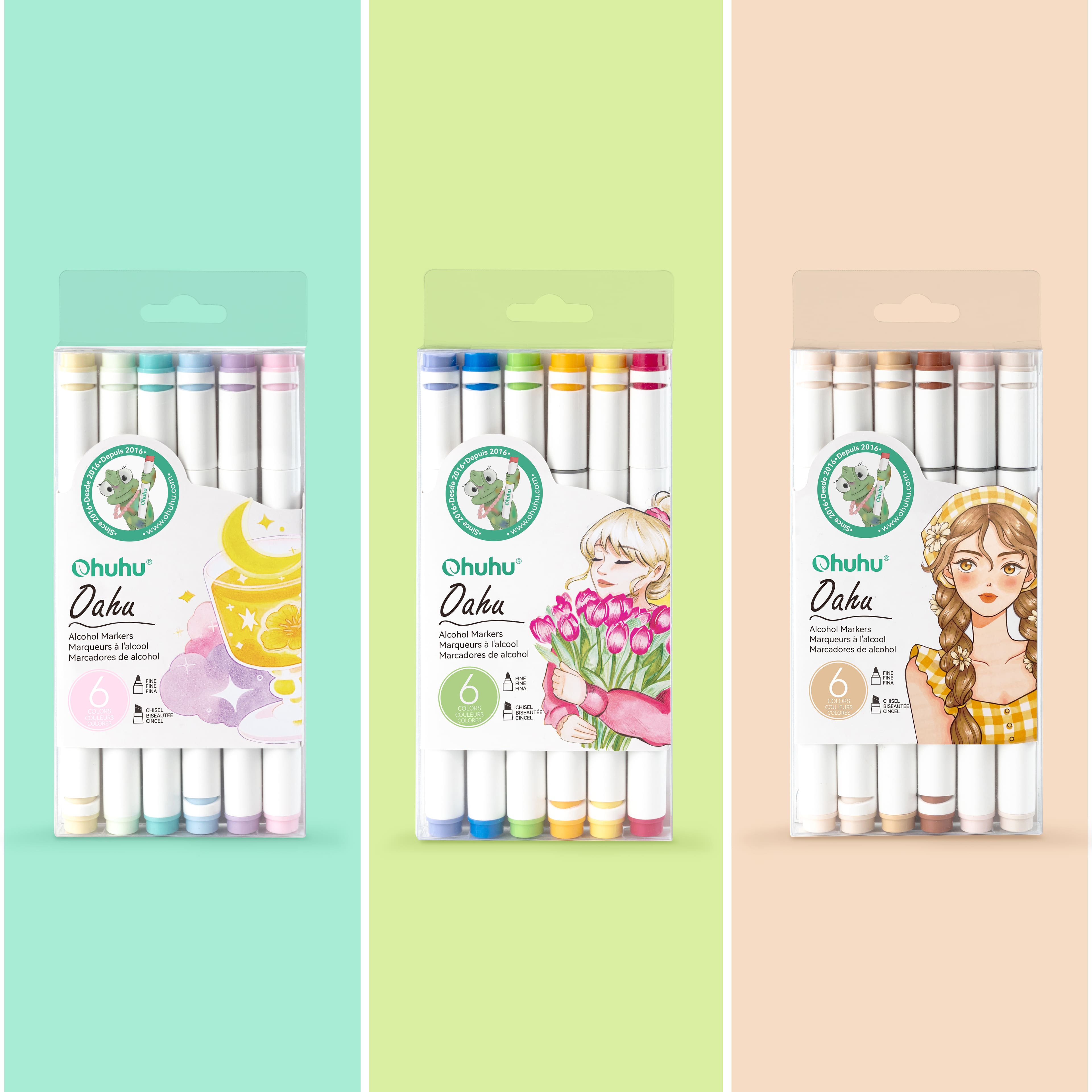 Ohuhu&#xAE; Oahu 6 Color Primary Alcohol Marker Set